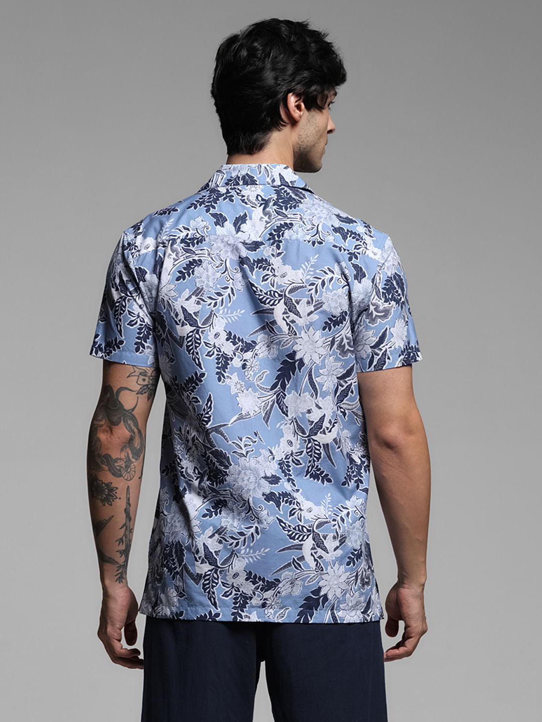 Blue Floral Short Sleeves Shirt