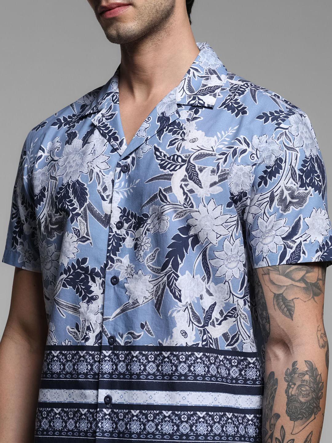 Blue Floral Short Sleeves Shirt