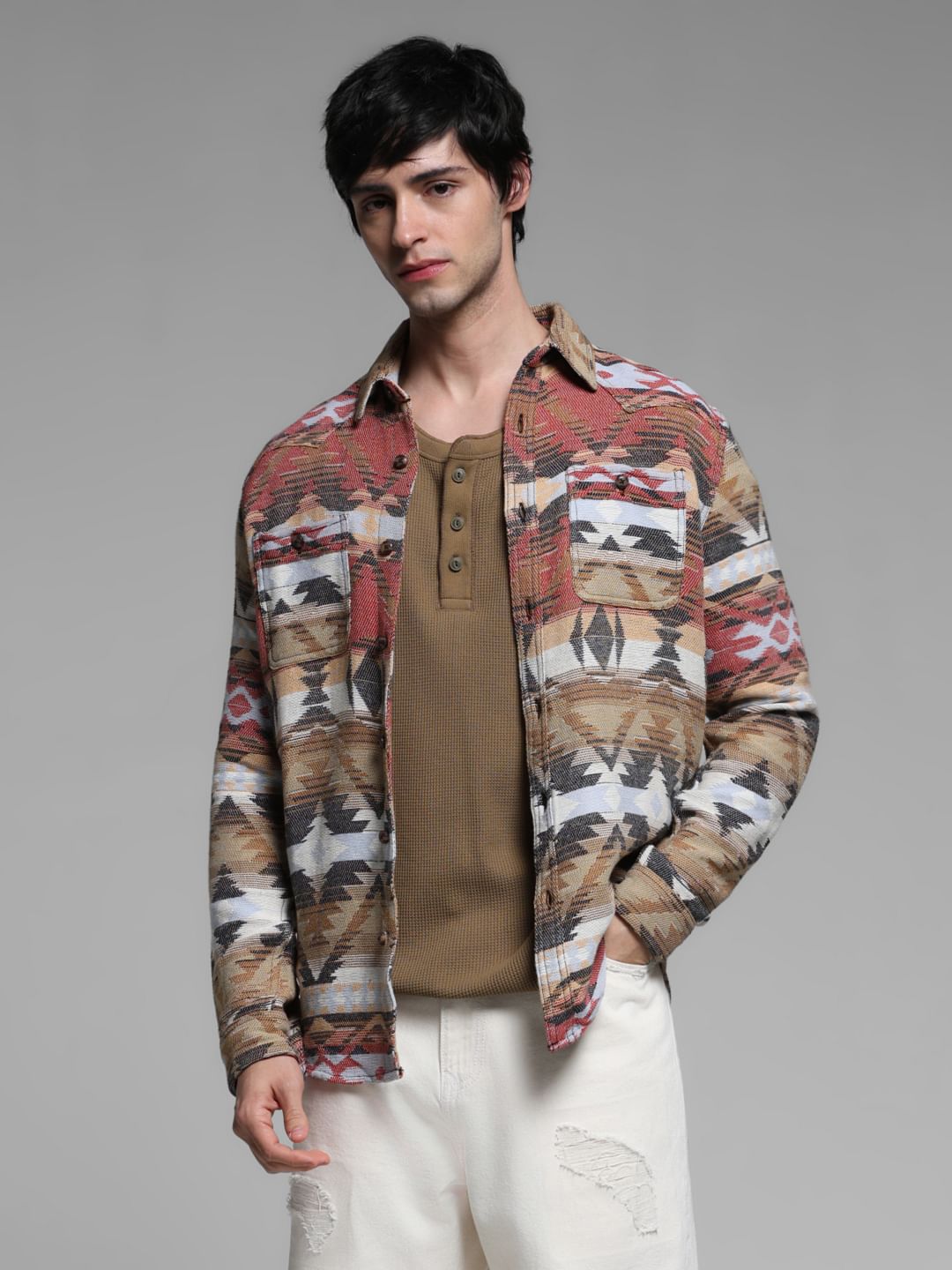 Brown Jacquard Printed Cotton Shirt