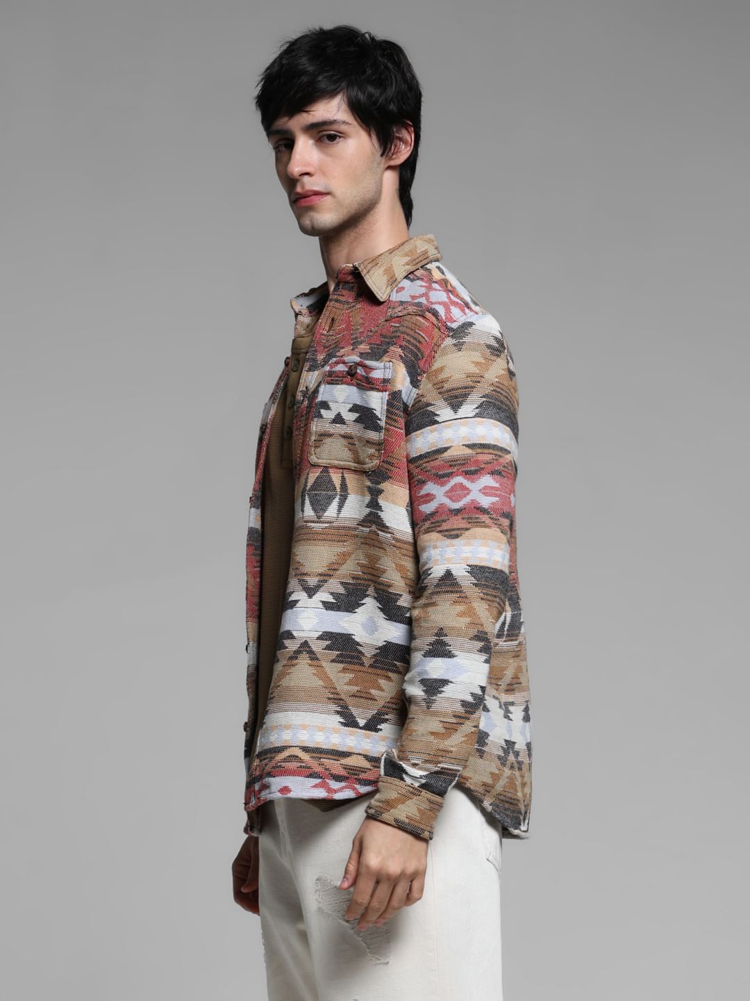Brown Jacquard Printed Cotton Shirt