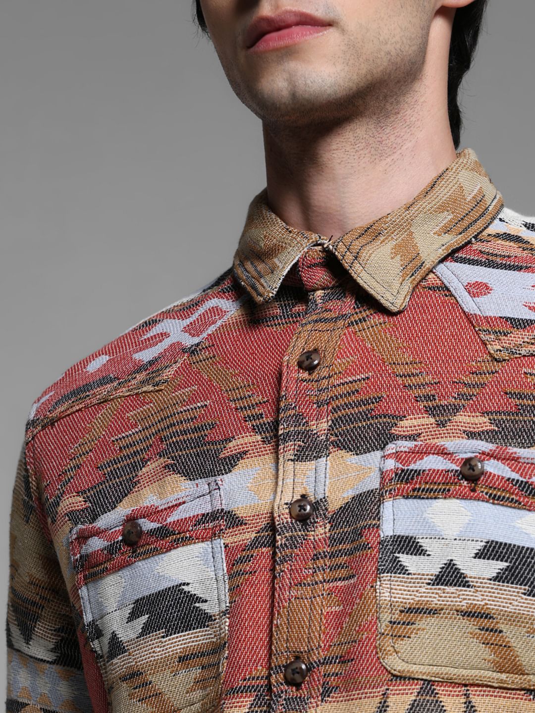 Brown Jacquard Printed Cotton Shirt