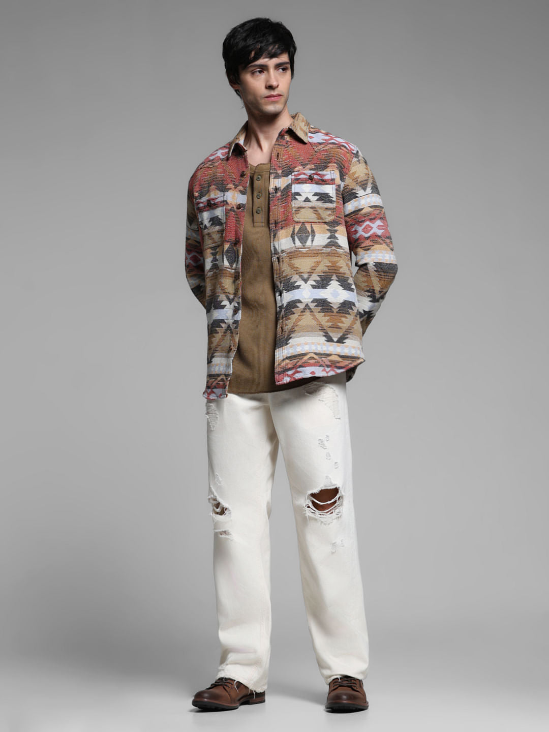 Brown Jacquard Printed Cotton Shirt