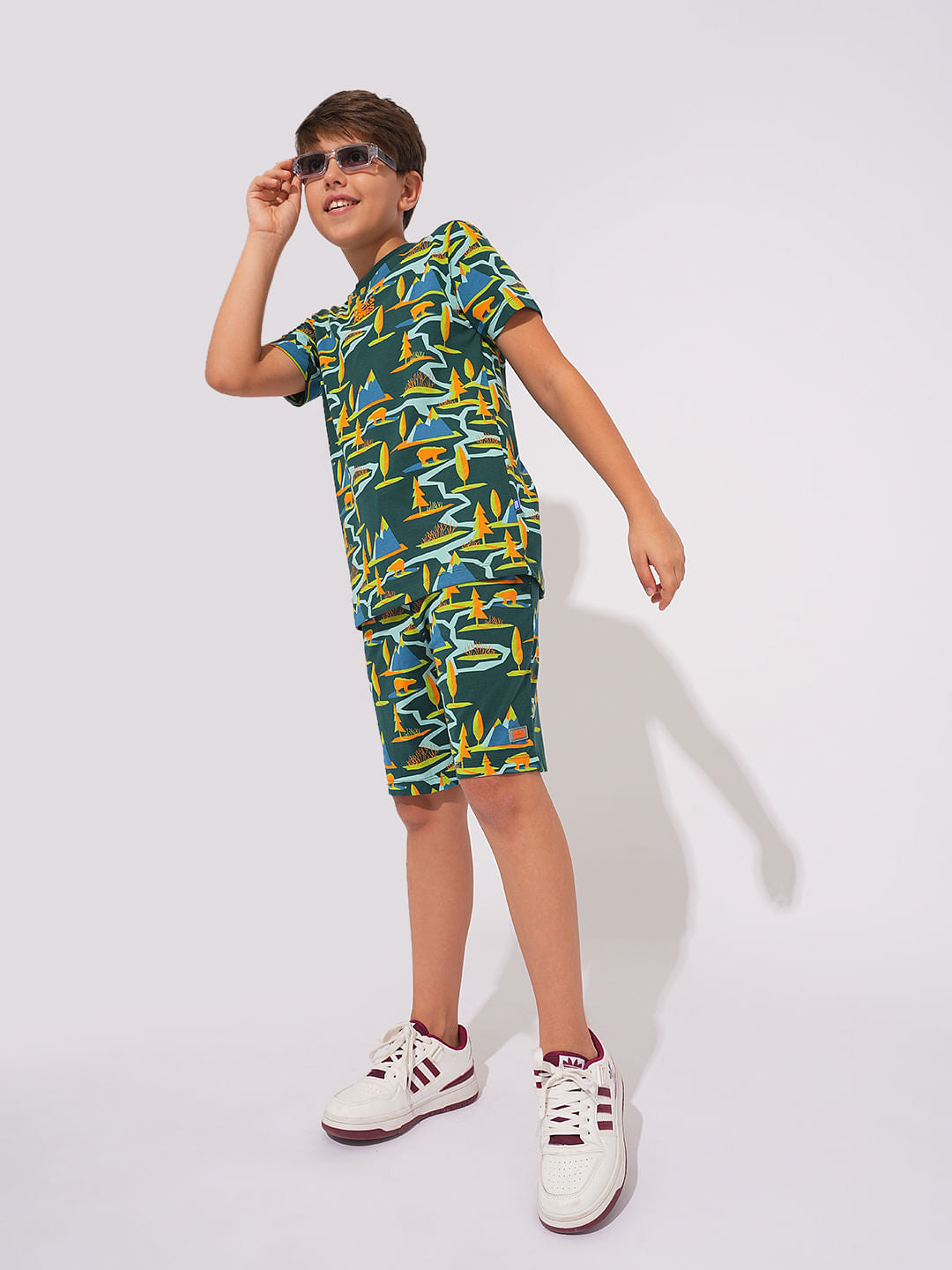 Boys Green Printed Co-ord Set Shorts
