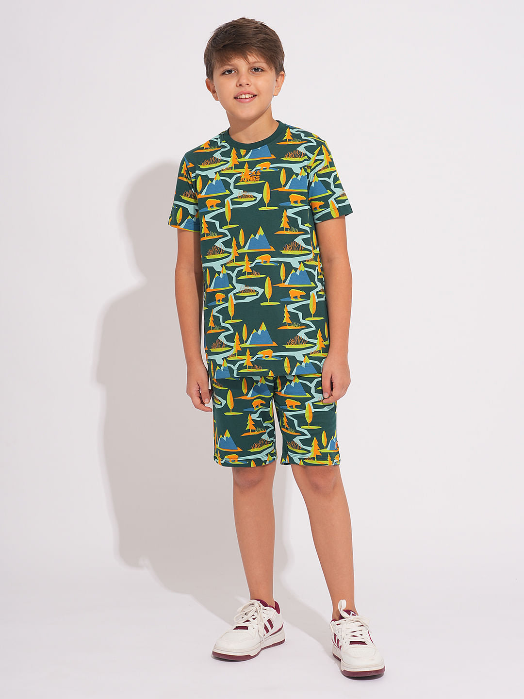 Boys Green Printed Co-ord Set Shorts