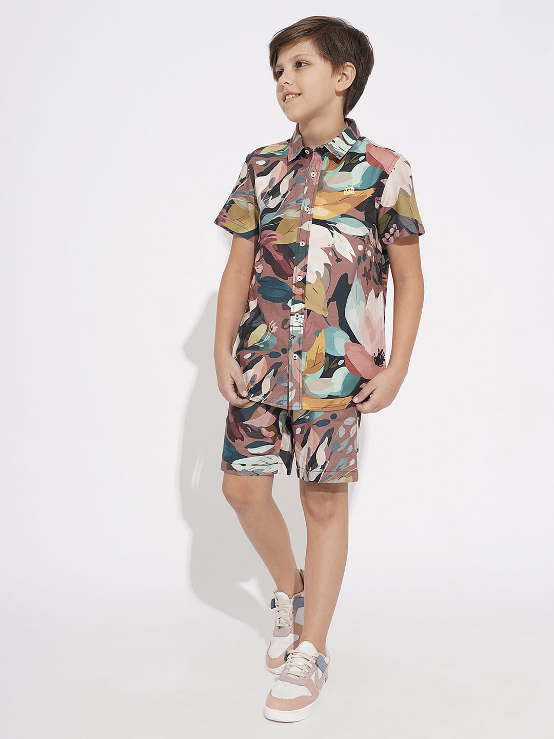 Boys Brown Printed Co-ord Set Shorts