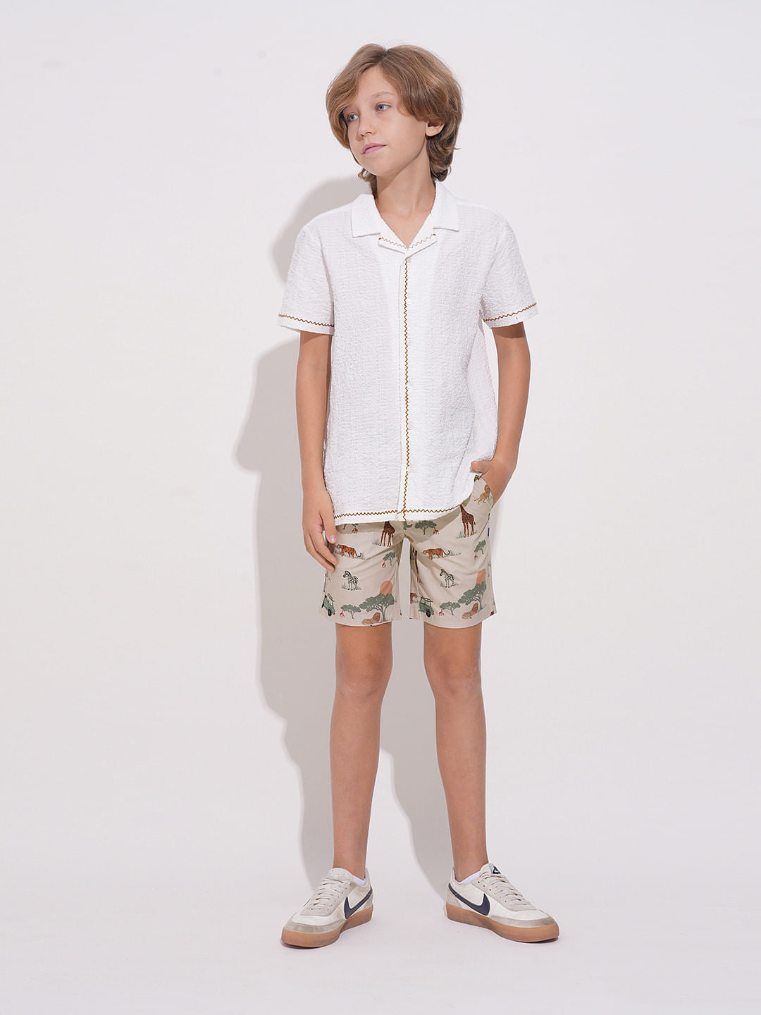 Boys Beige Safari Print Cotton Shorts