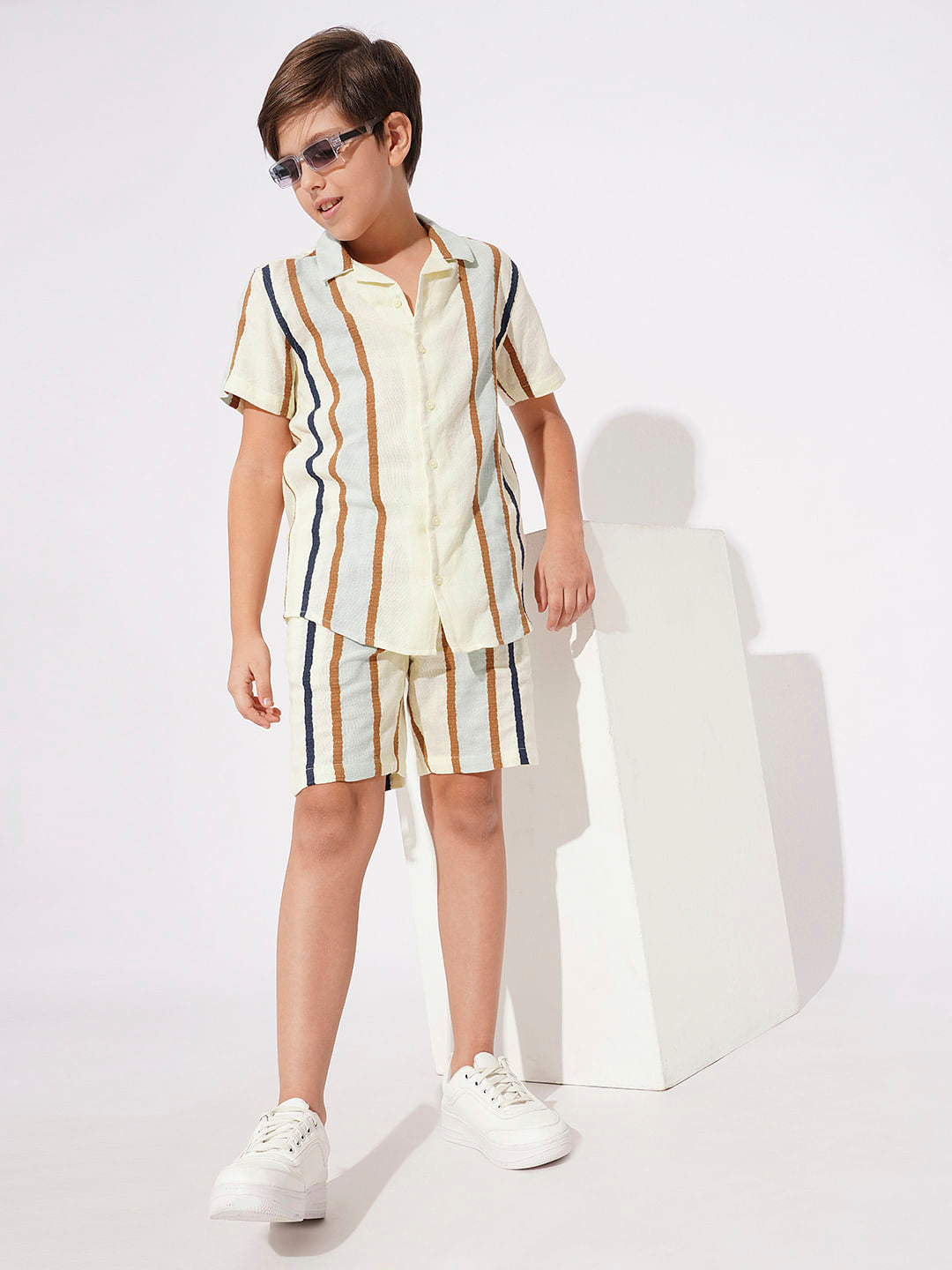 Beige Dobby Striped Co-ord Set Shorts