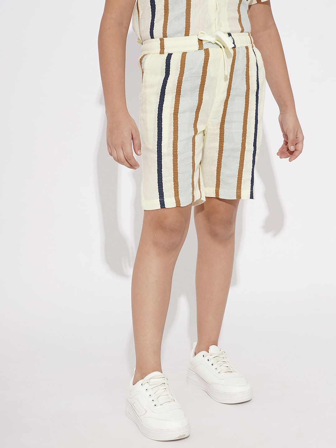 Beige Dobby Striped Co-ord Set Shorts