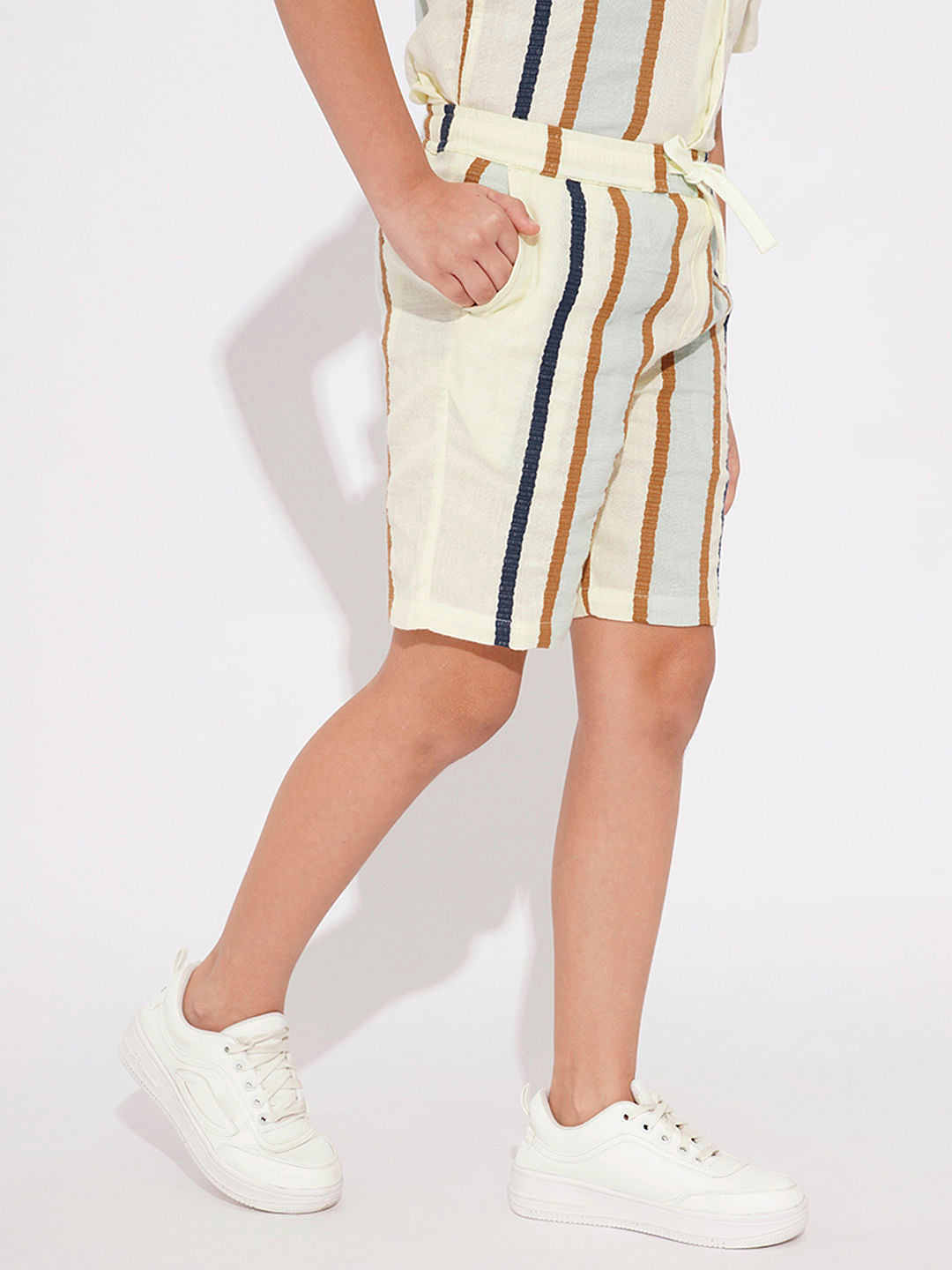 Beige Dobby Striped Co-ord Set Shorts