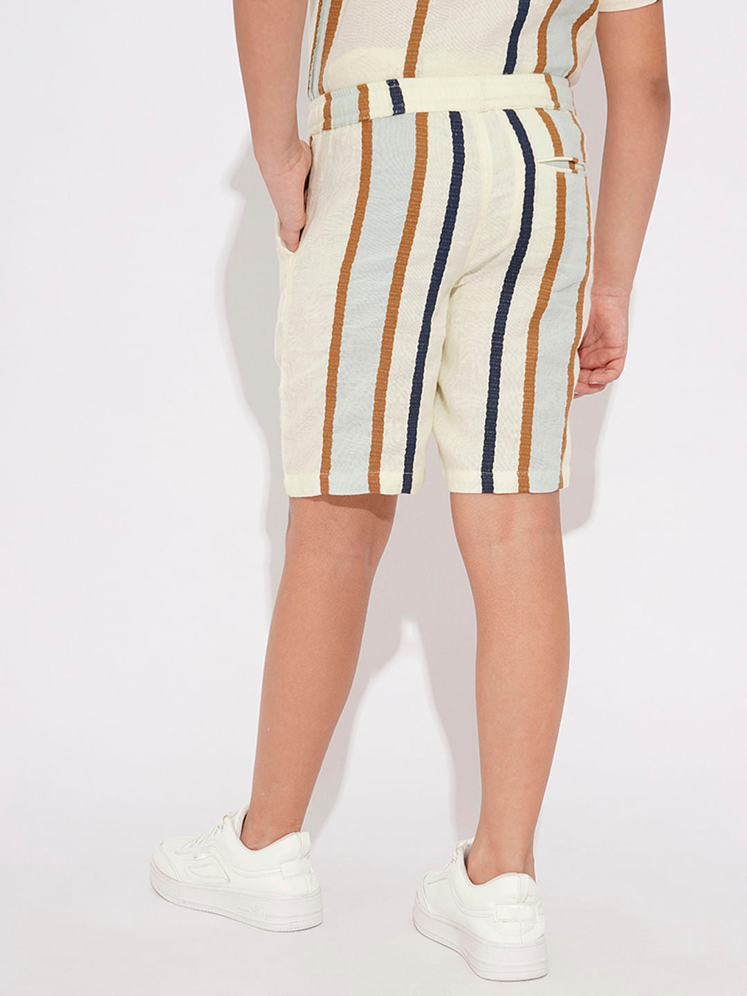 Beige Dobby Striped Co-ord Set Shorts