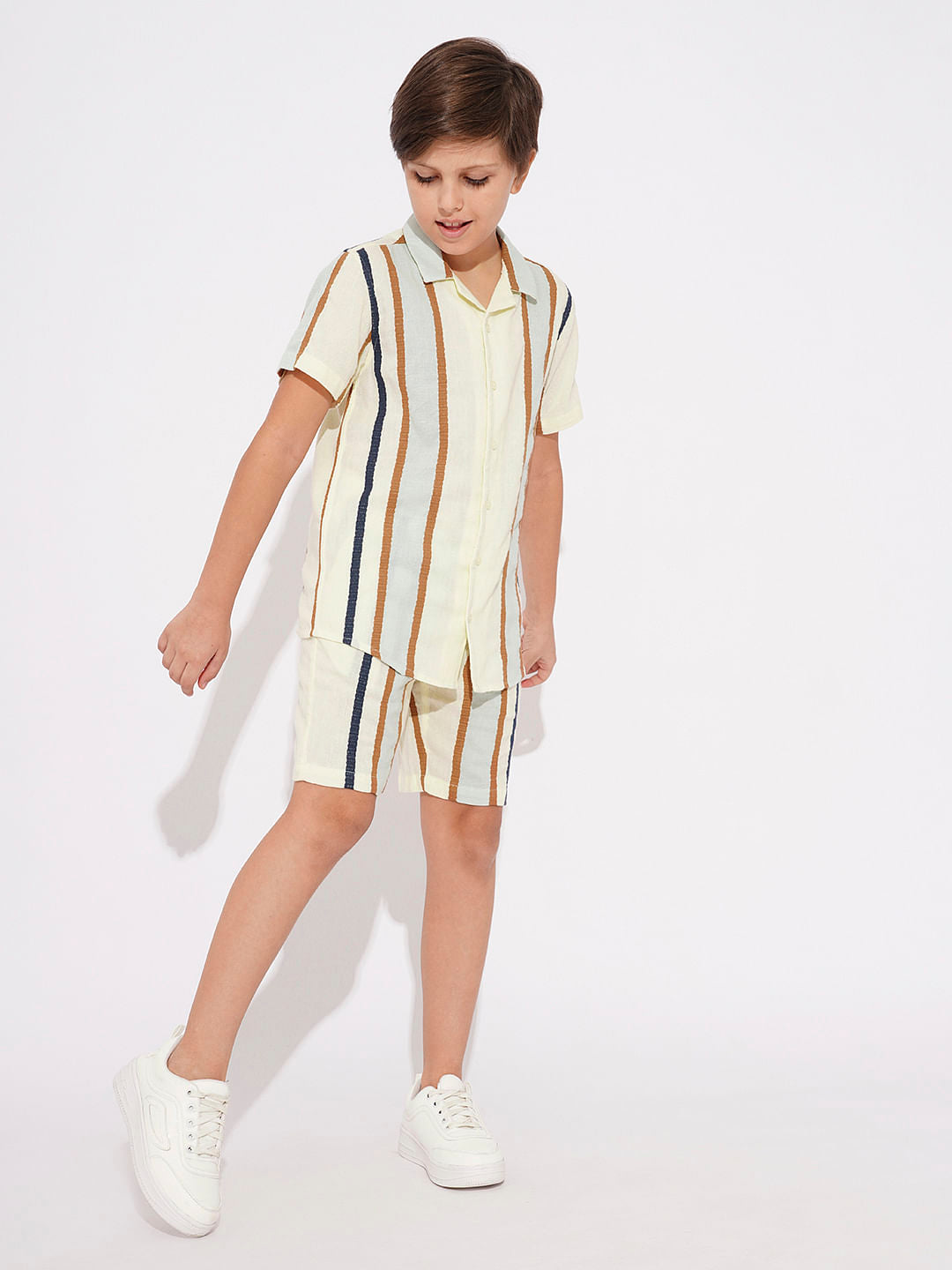 Beige Dobby Striped Co-ord Set Shorts