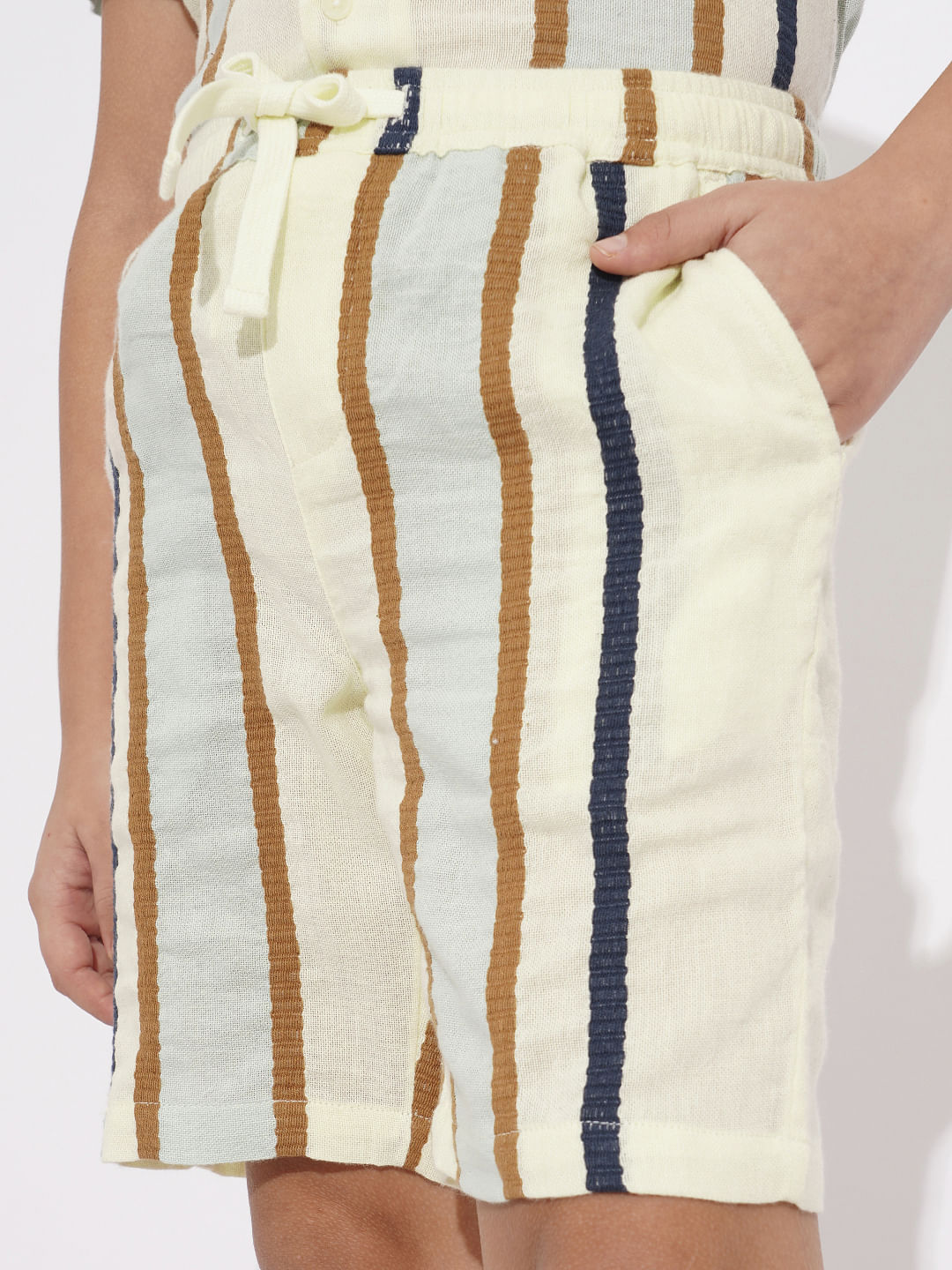 Beige Dobby Striped Co-ord Set Shorts