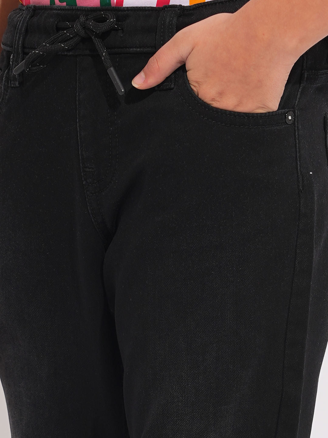 Black Knitted Drawstring Regular Fit Jeans