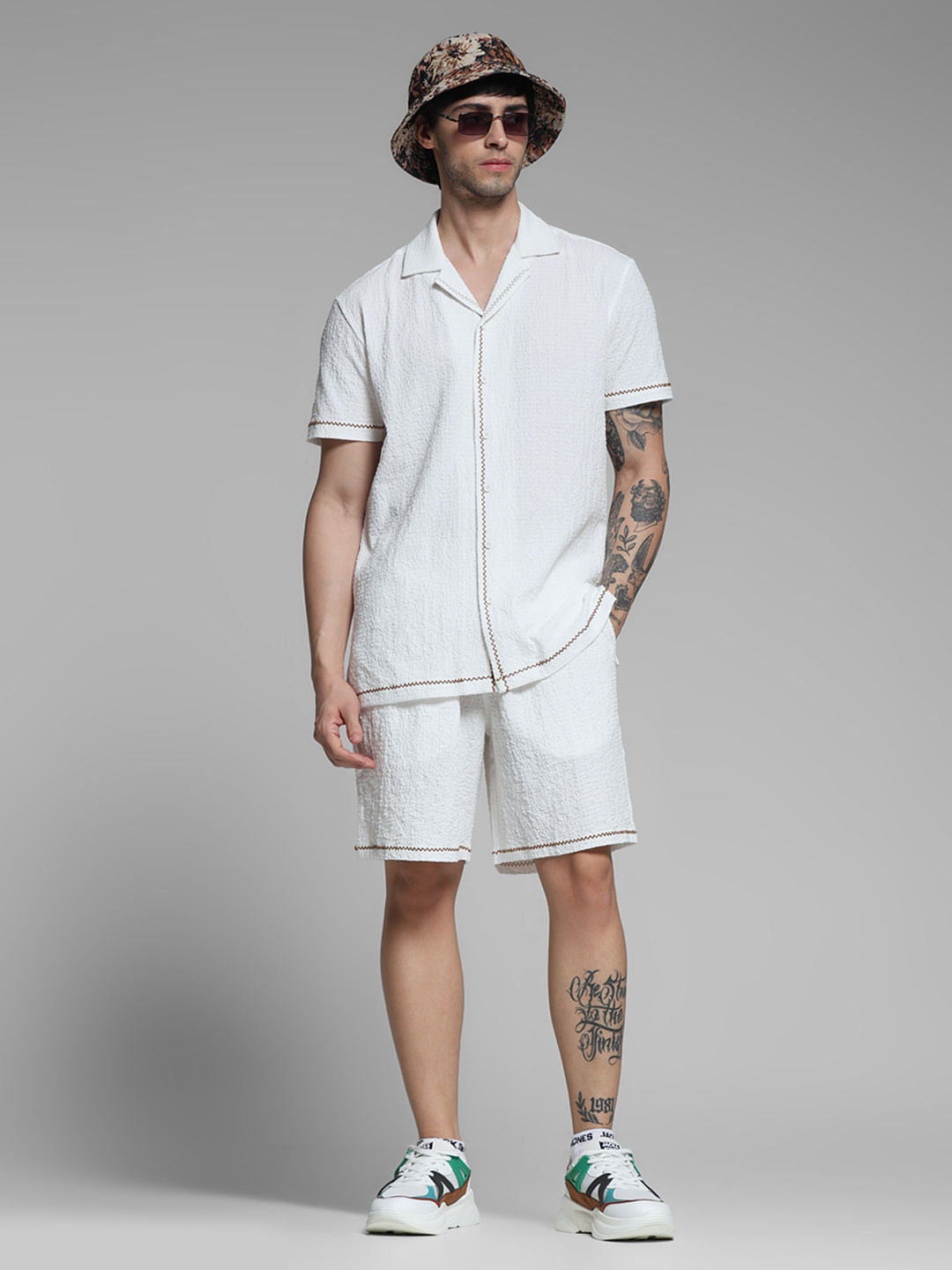 White Embroidered Co-ord Set Shorts