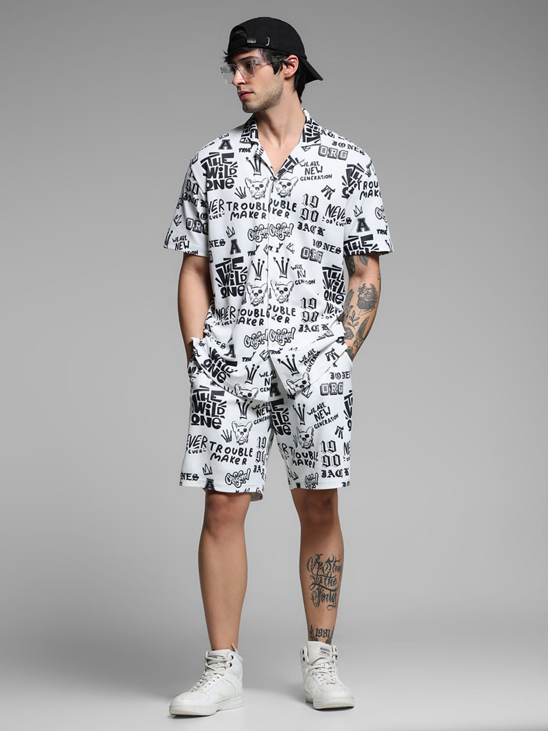 White Abstract Print Co-ord Set Shorts