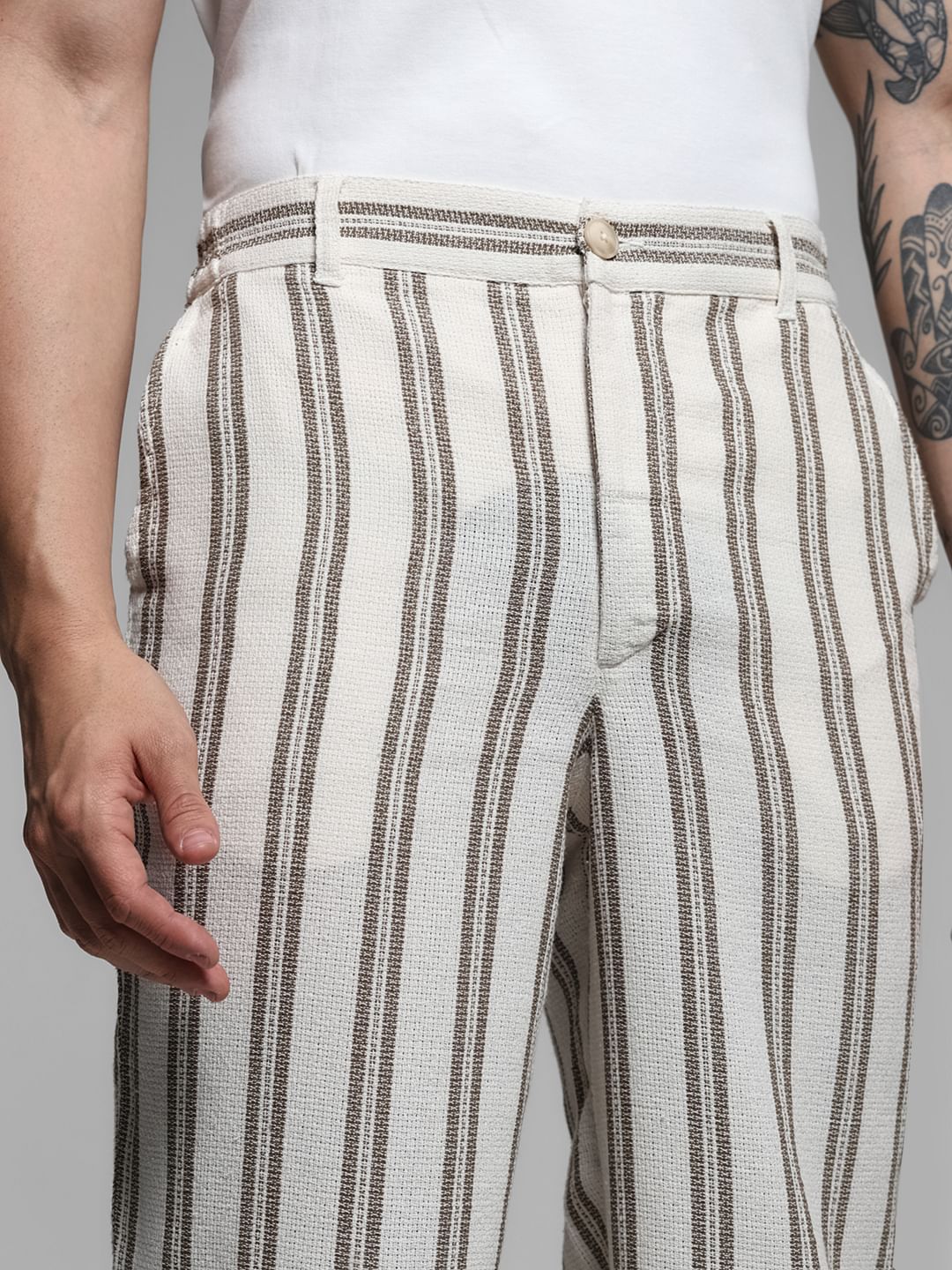 Beige Mid Rise Striped Pants