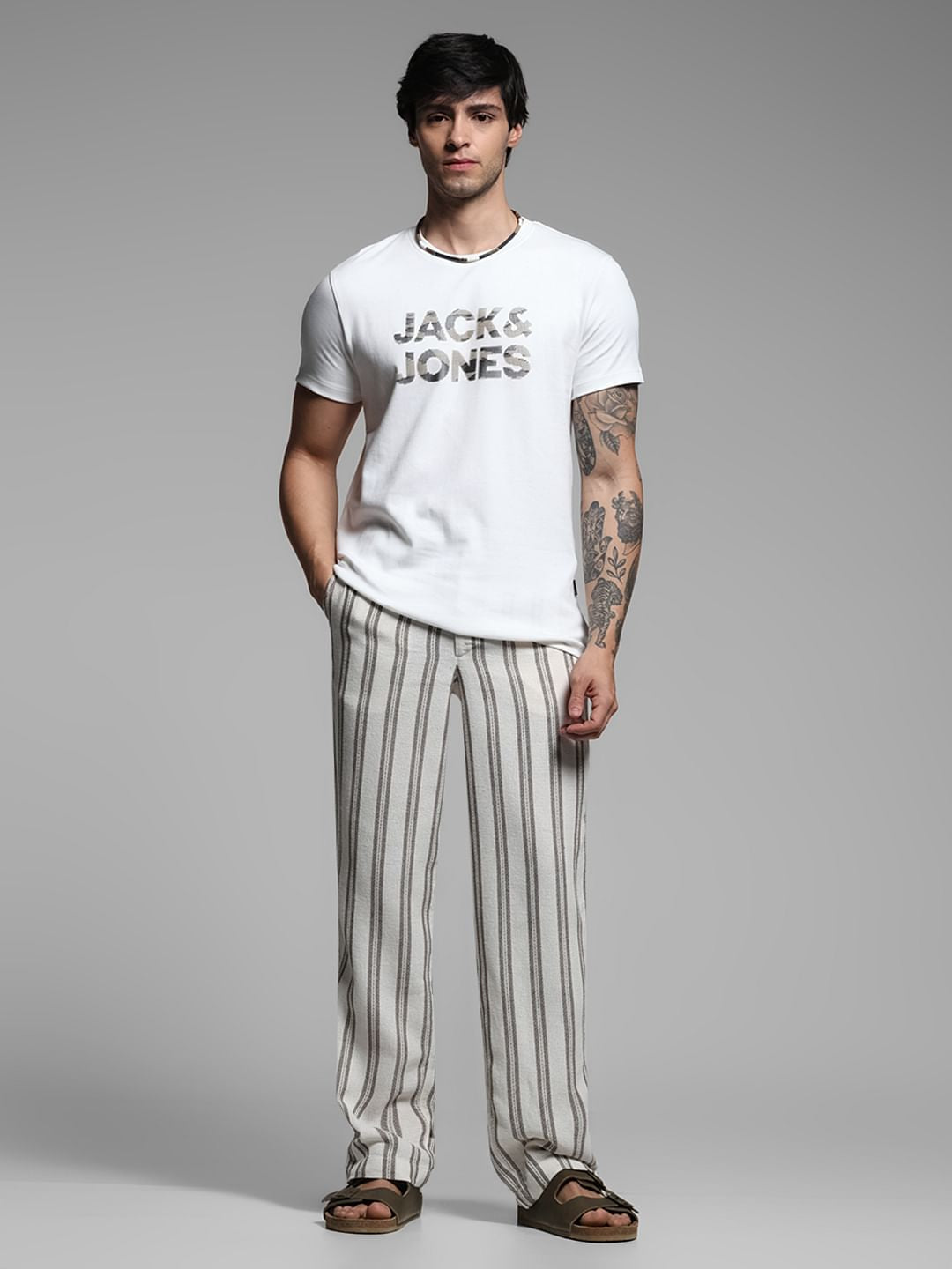 Beige Mid Rise Striped Pants
