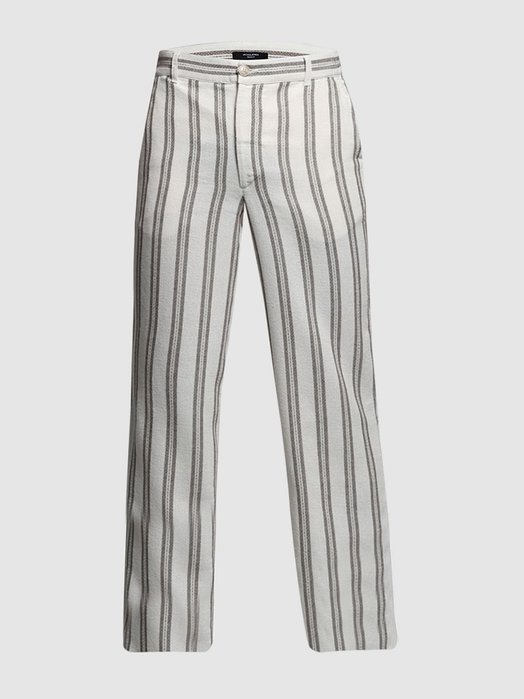Beige Mid Rise Striped Pants