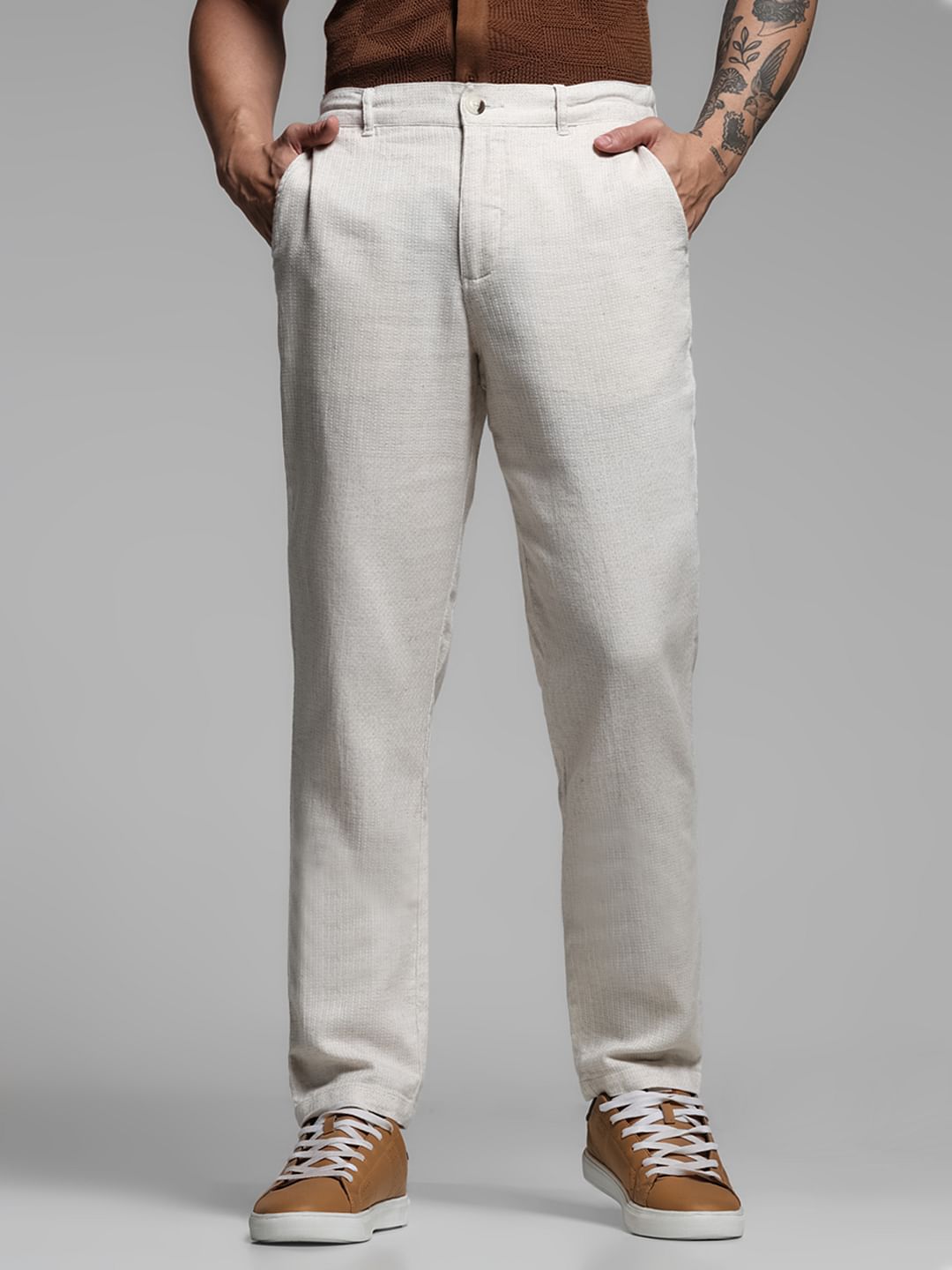 Beige Mid Rise Cotton-Linen Pants