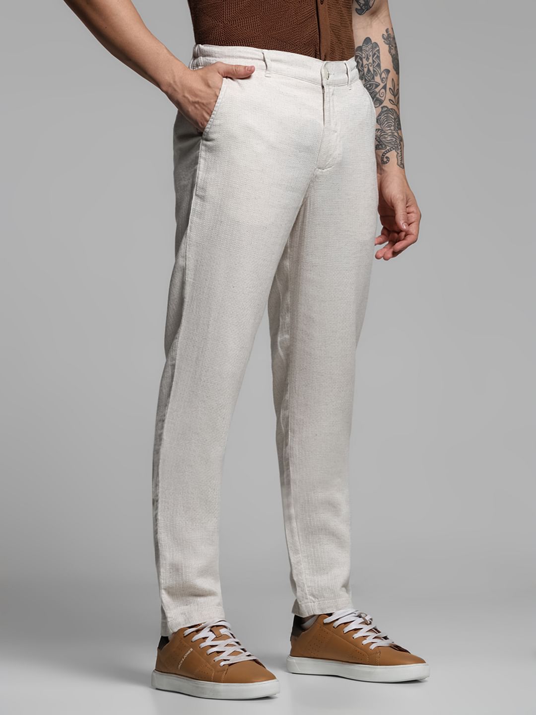 Beige Mid Rise Cotton-Linen Pants