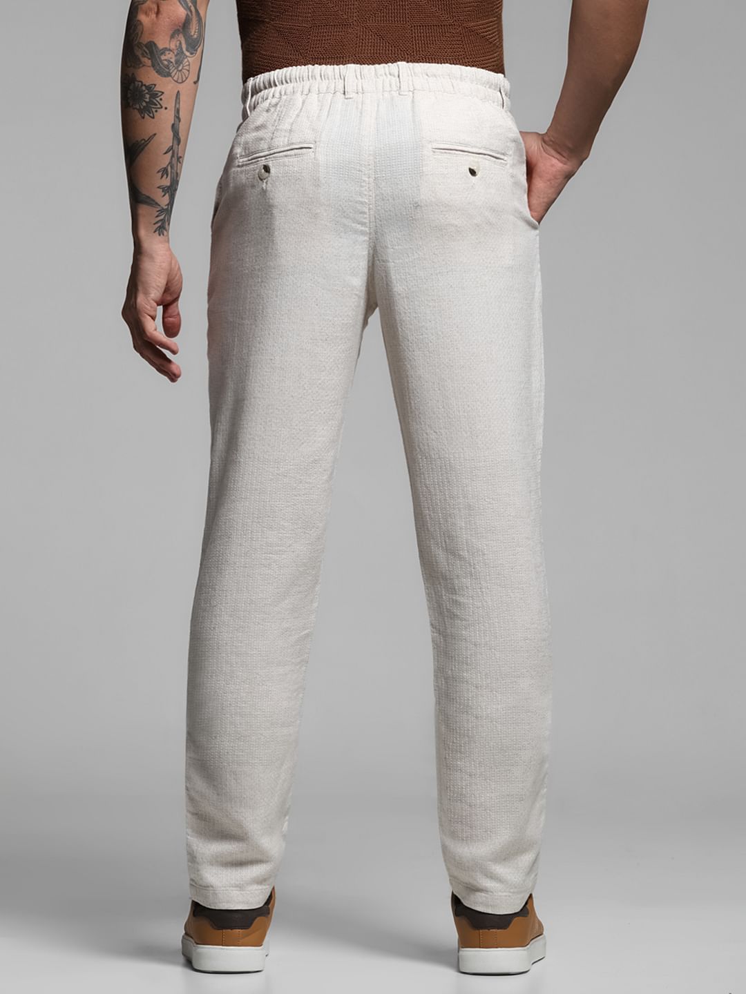 Beige Mid Rise Cotton-Linen Pants