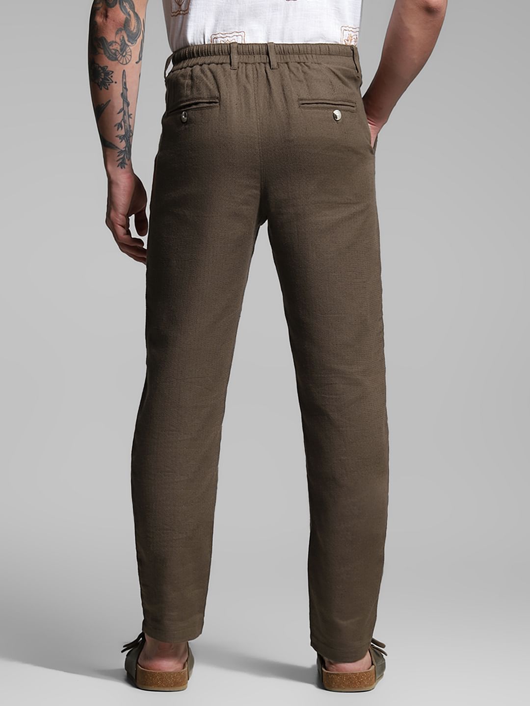 Brown Mid Rise Linen Blend Pants