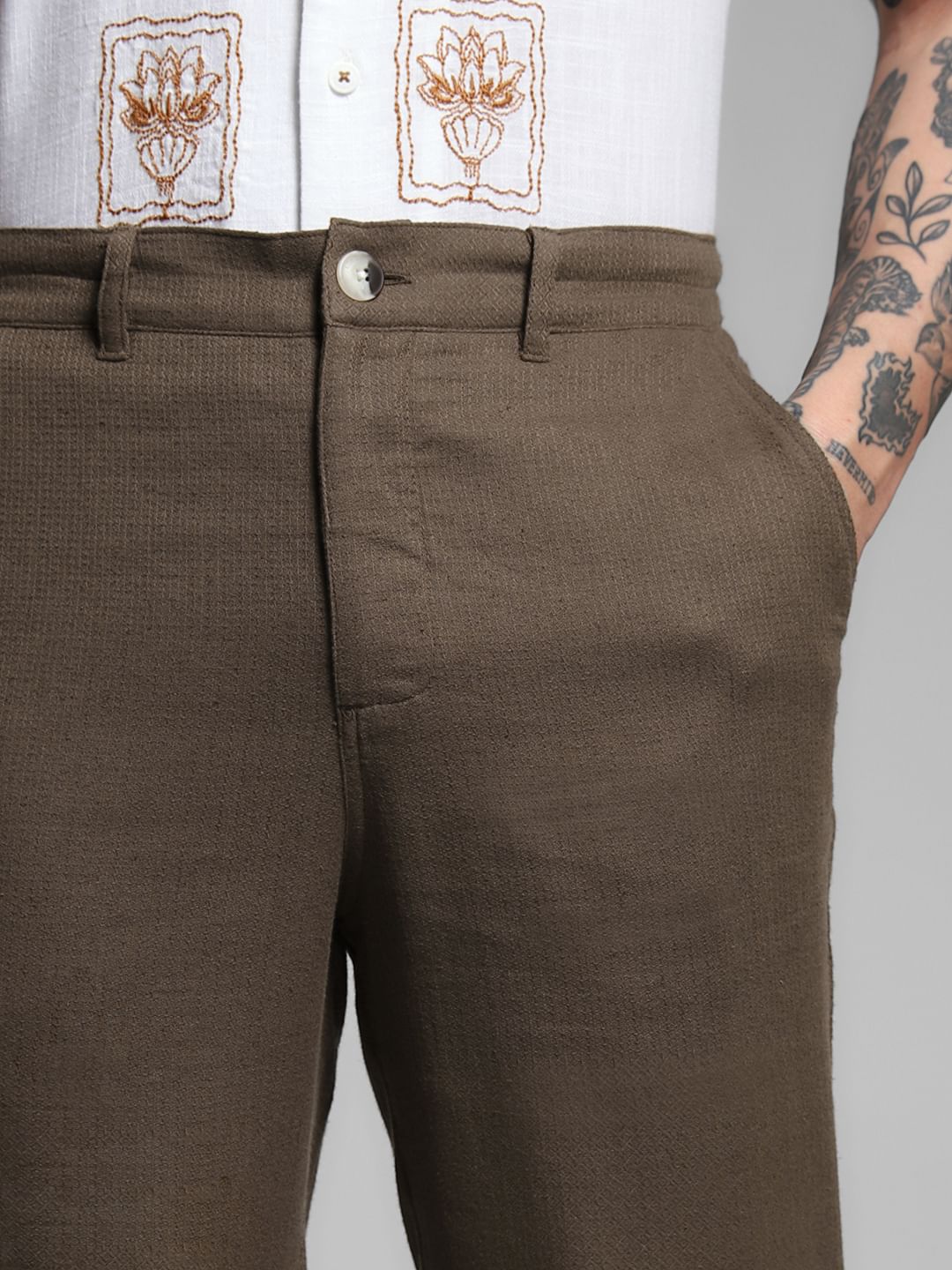 Brown Mid Rise Linen Blend Pants