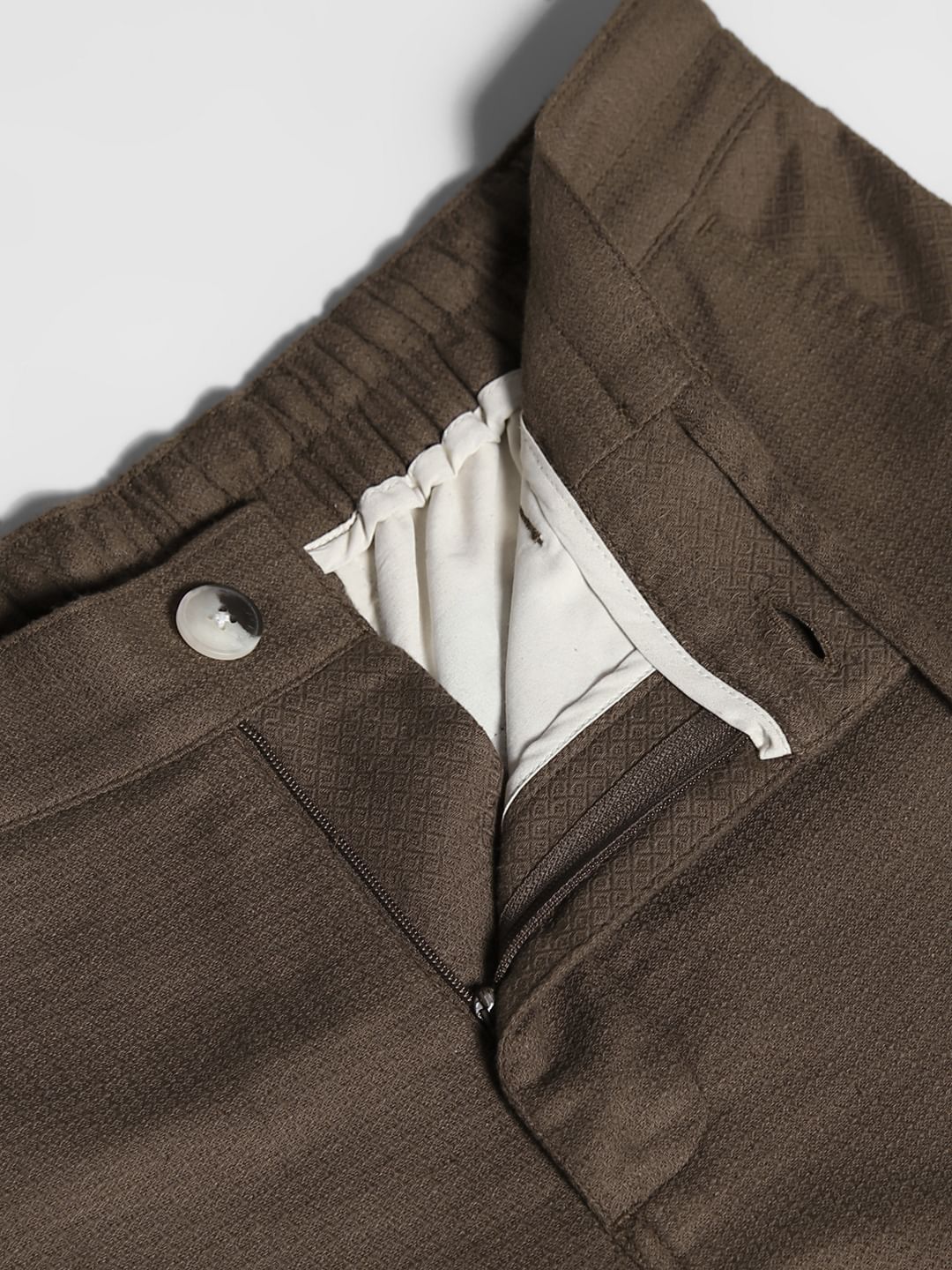 Brown Mid Rise Linen Blend Pants