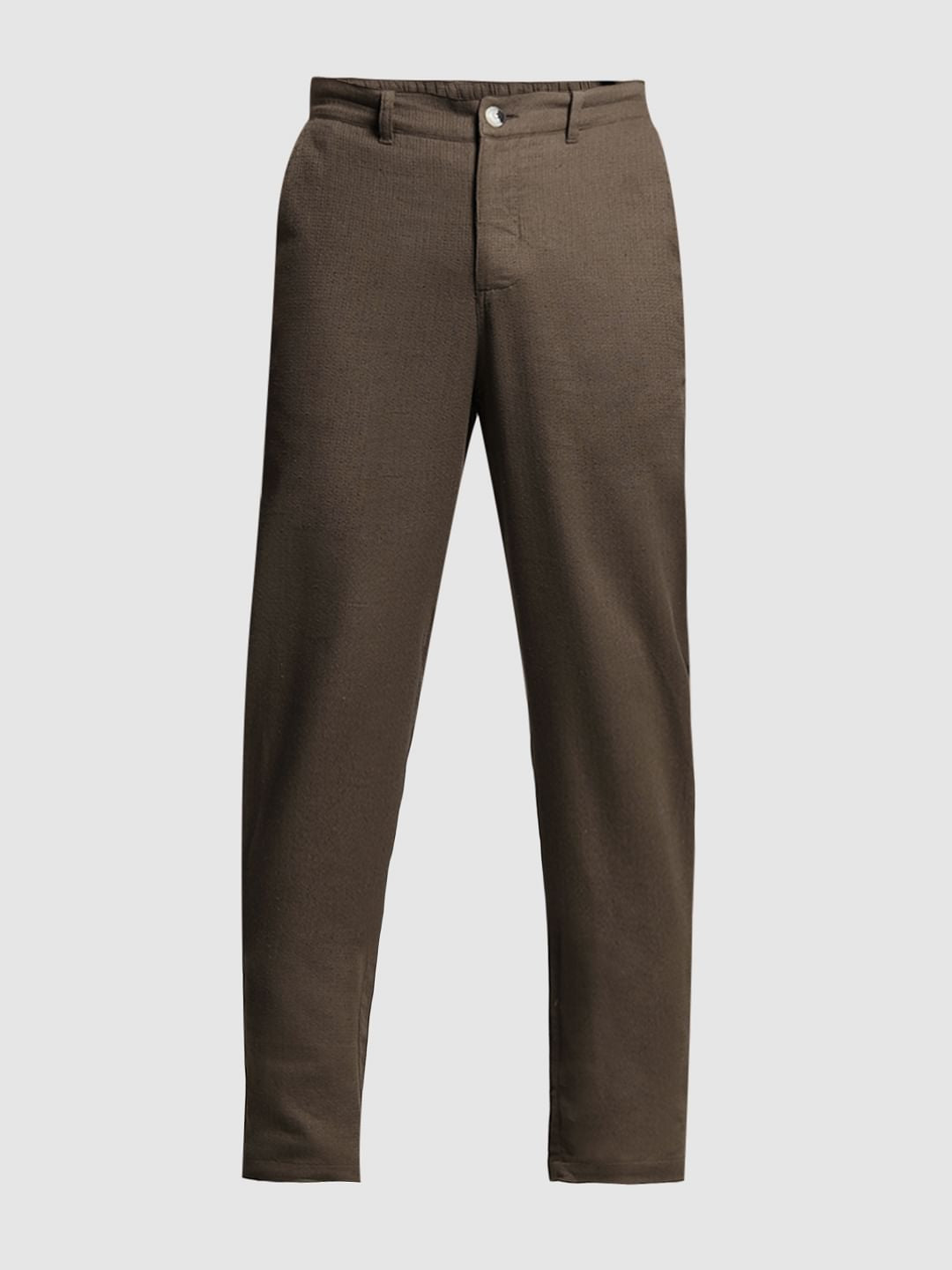 Brown Mid Rise Linen Blend Pants