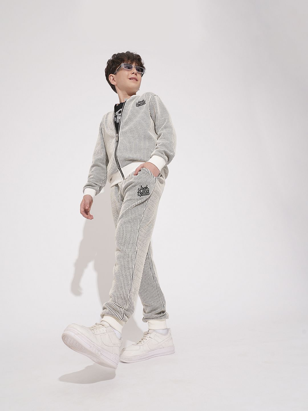 Boys White Striped Co-ord Set Sweatpants