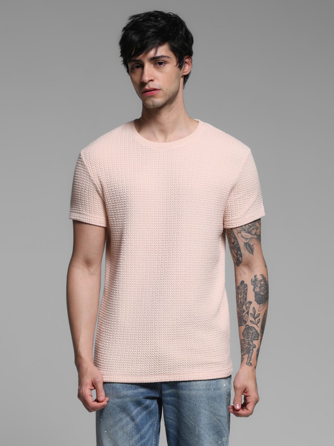 Pink Jacquard Crew Neck T-shirt