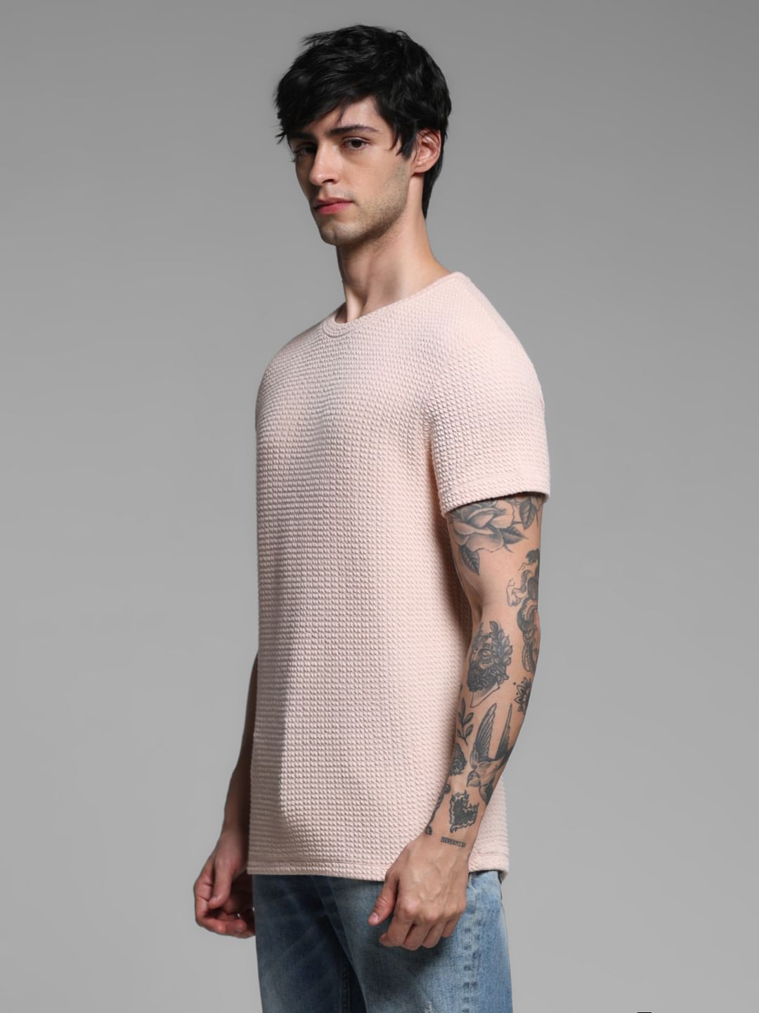 Pink Jacquard Crew Neck T-shirt