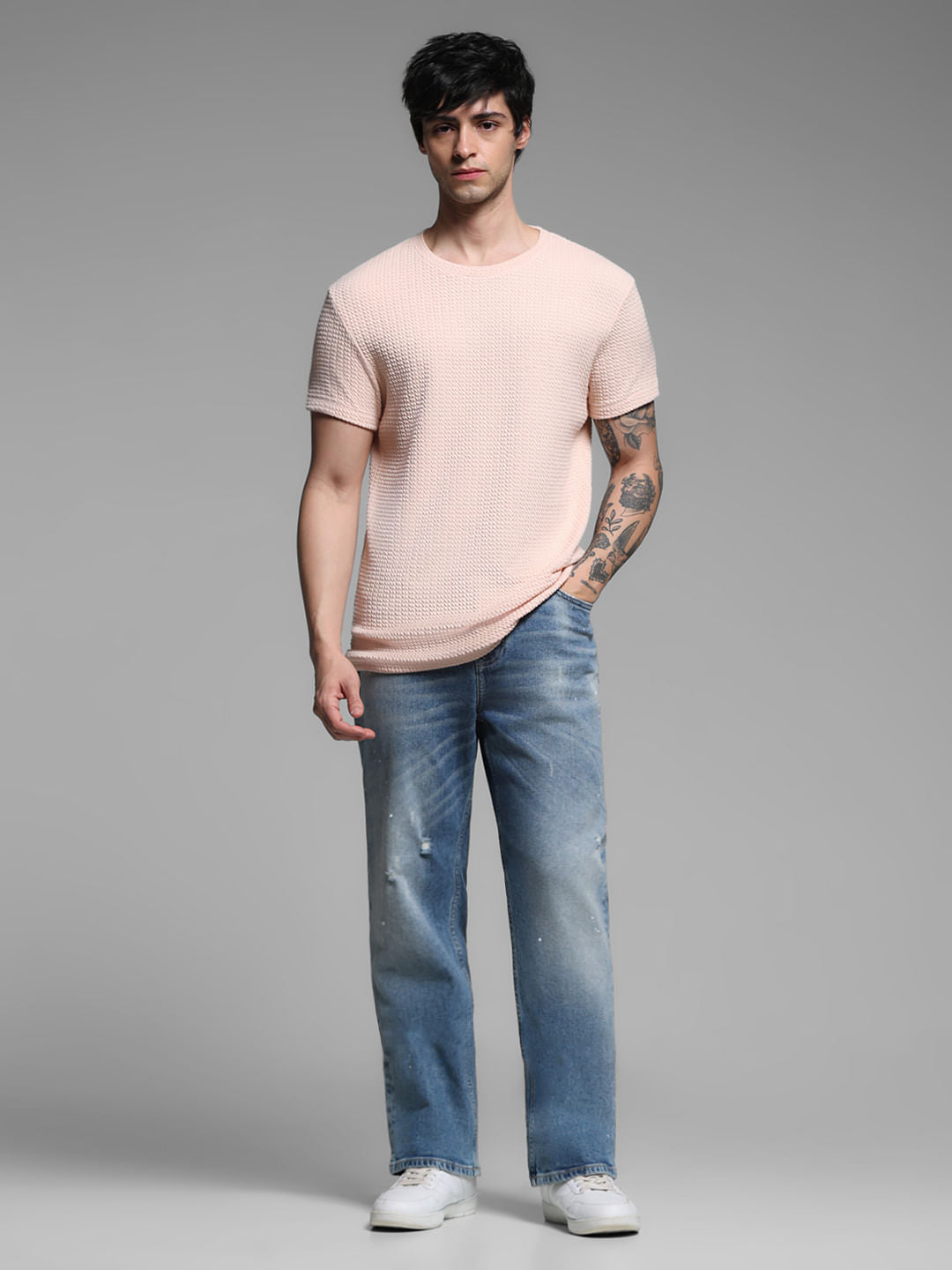 Pink Jacquard Crew Neck T-shirt