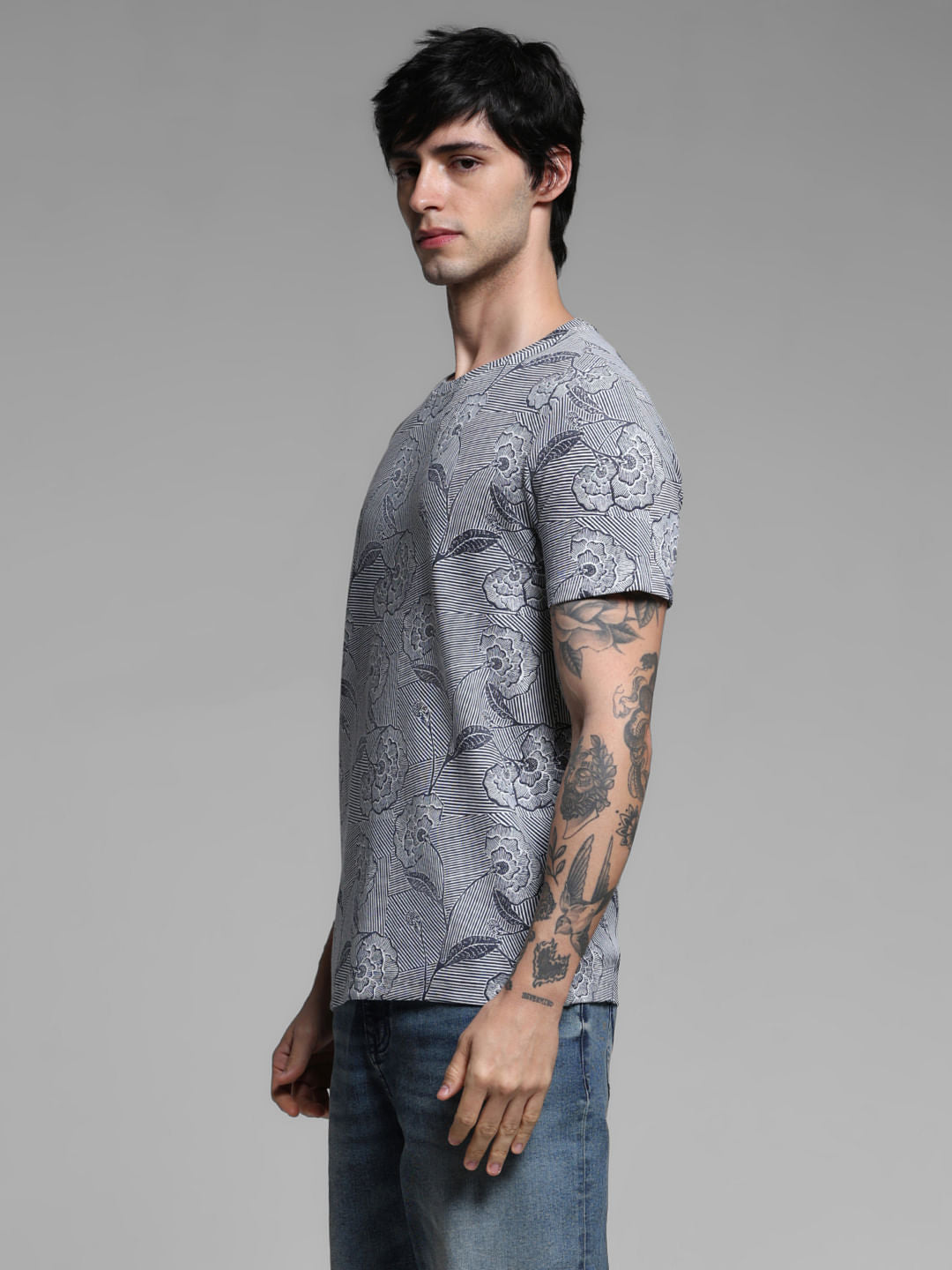 Blue Floral Print Cotton T-shirt