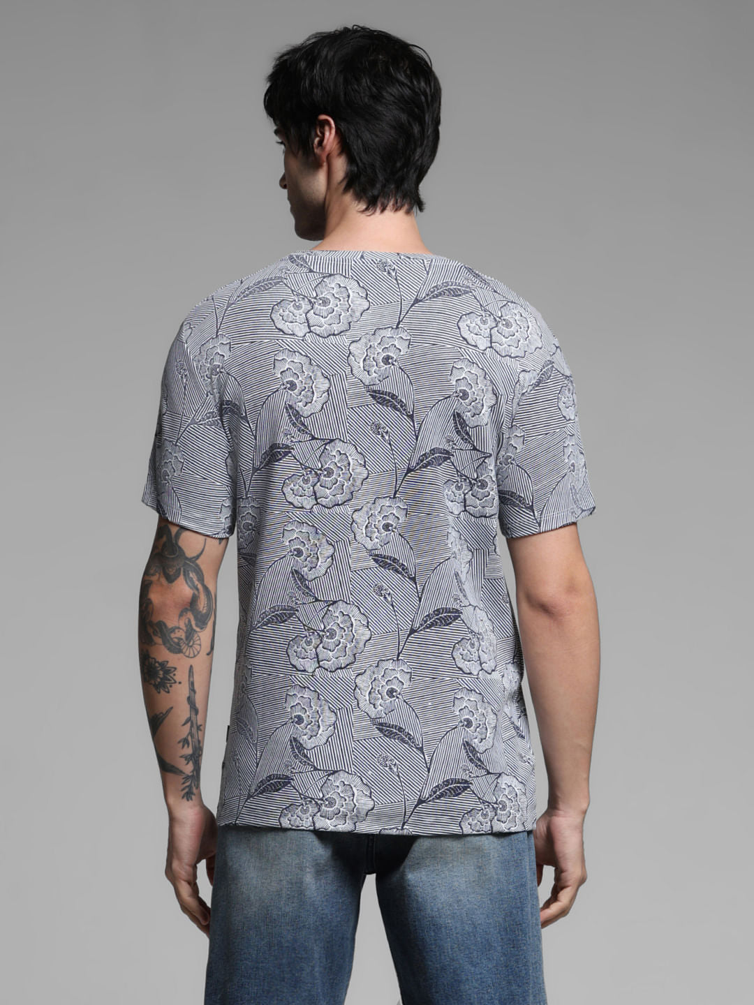 Blue Floral Print Cotton T-shirt