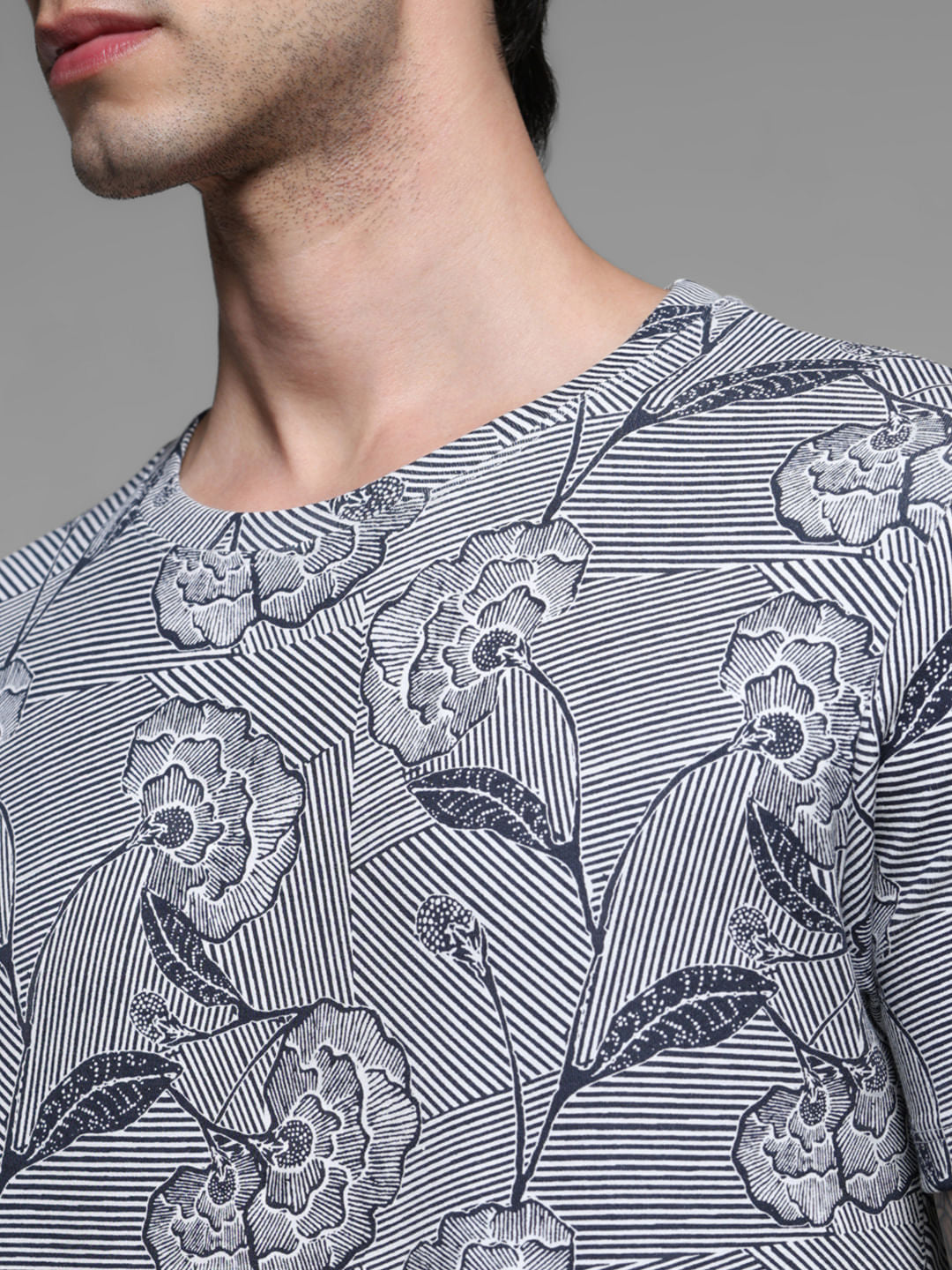 Blue Floral Print Cotton T-shirt