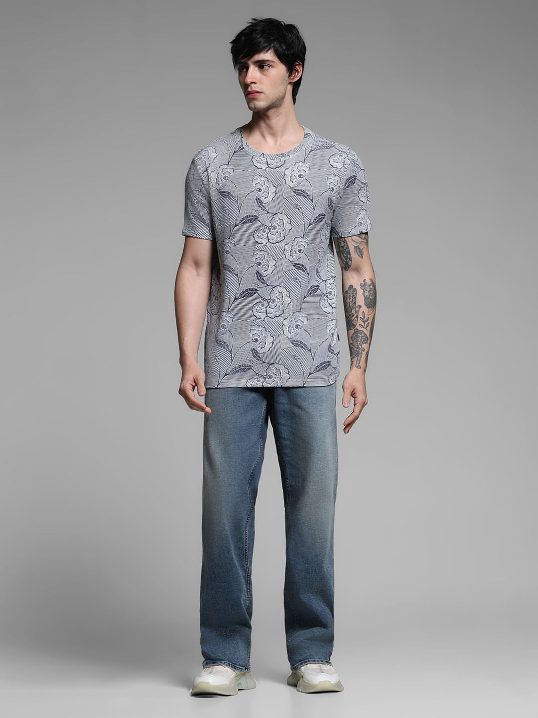 Blue Floral Print Cotton T-shirt