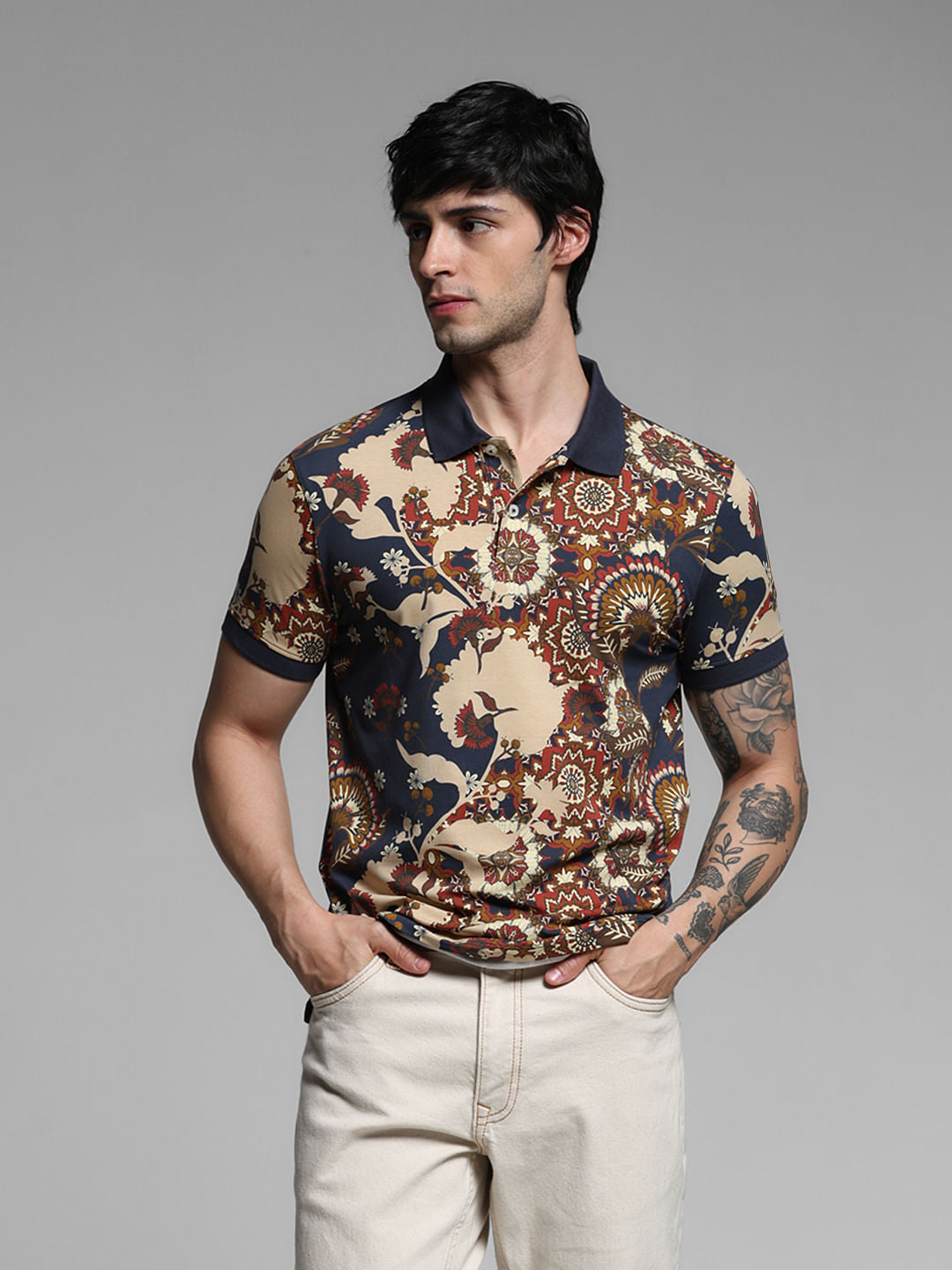 Dark Blue Floral Cotton Polo