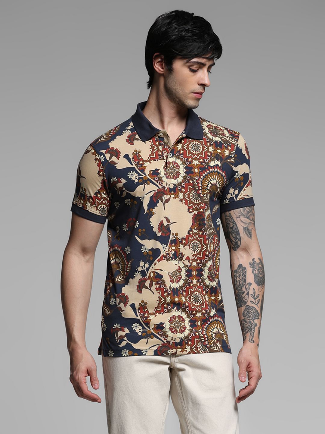 Dark Blue Floral Cotton Polo