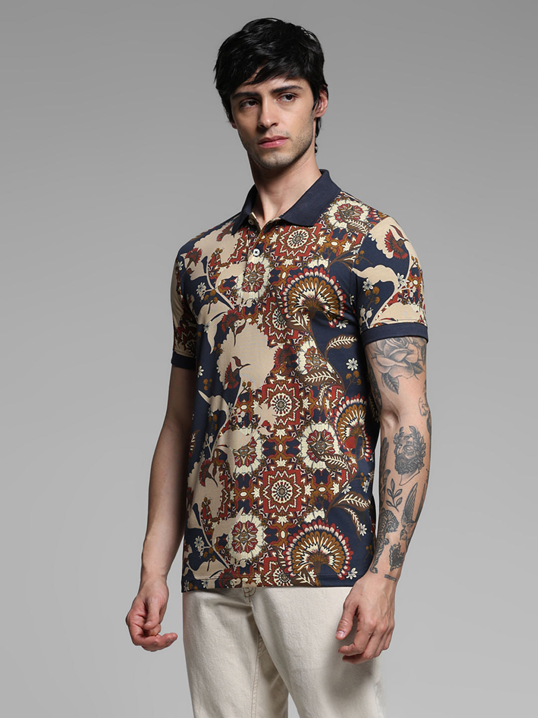 Dark Blue Floral Cotton Polo