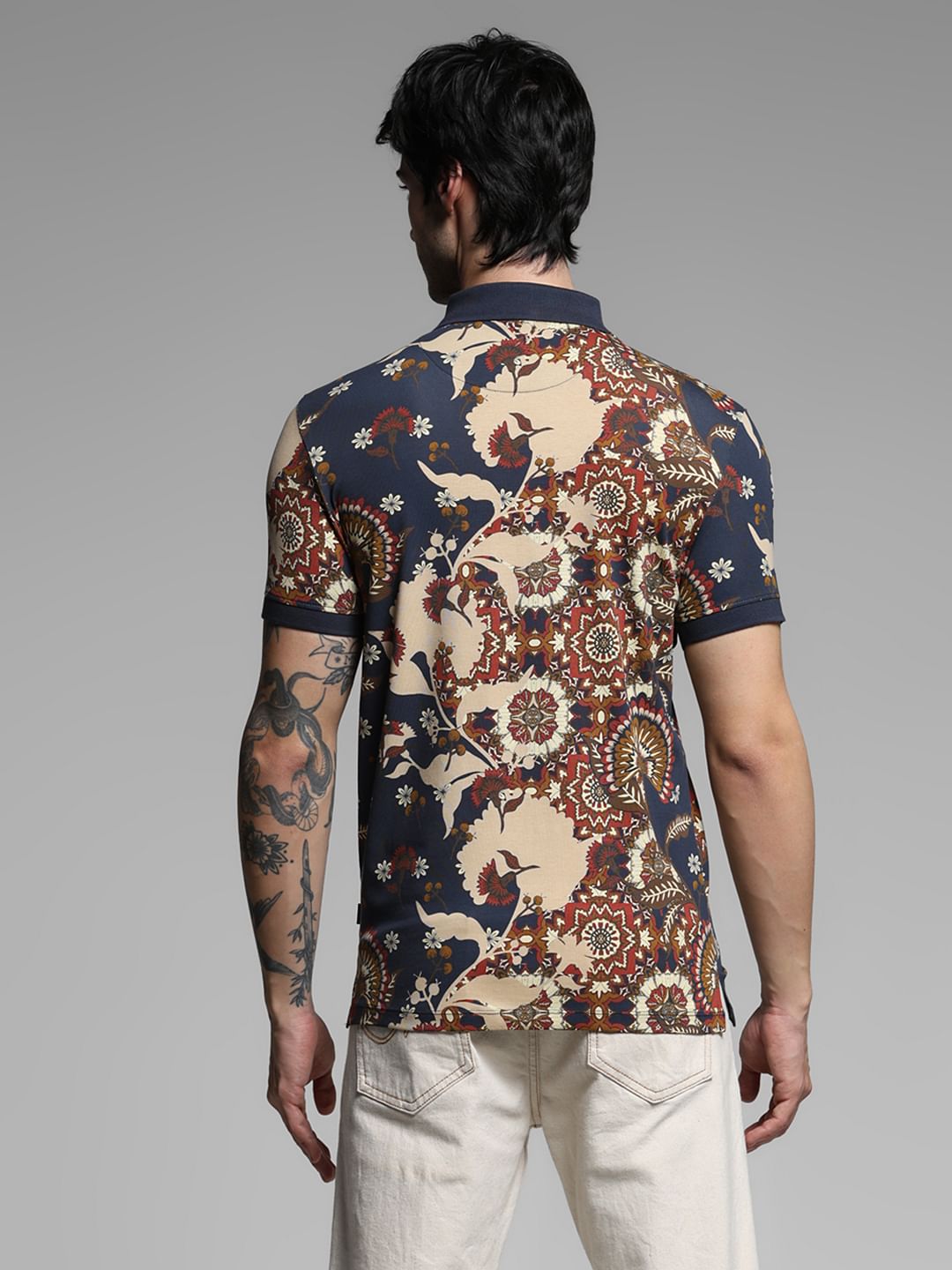 Dark Blue Floral Cotton Polo