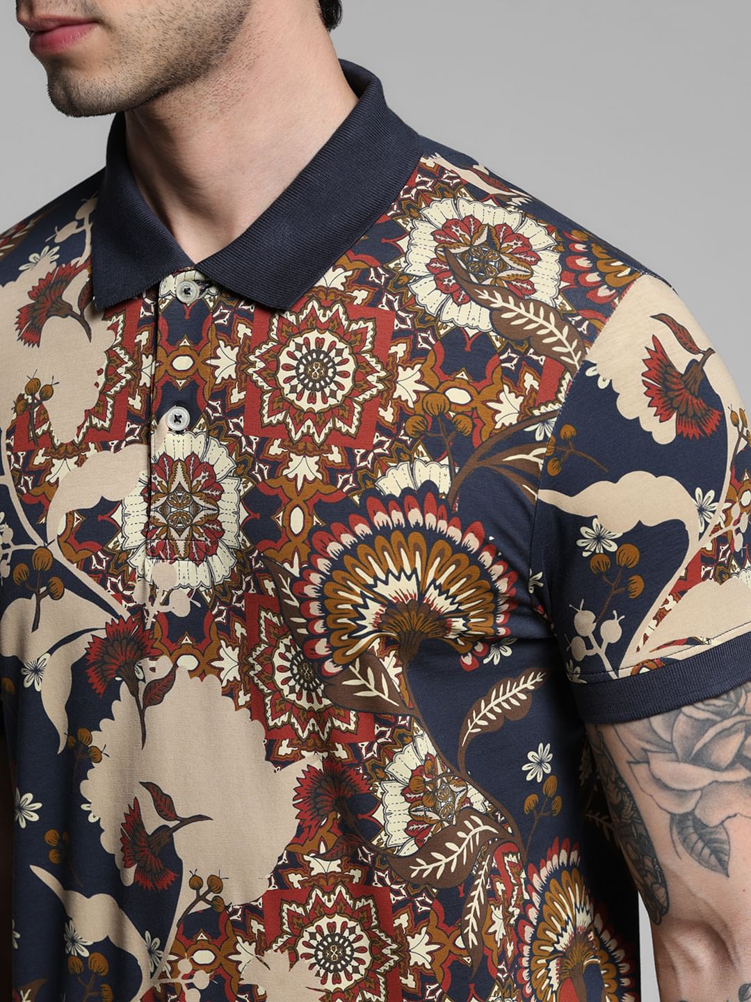 Dark Blue Floral Cotton Polo