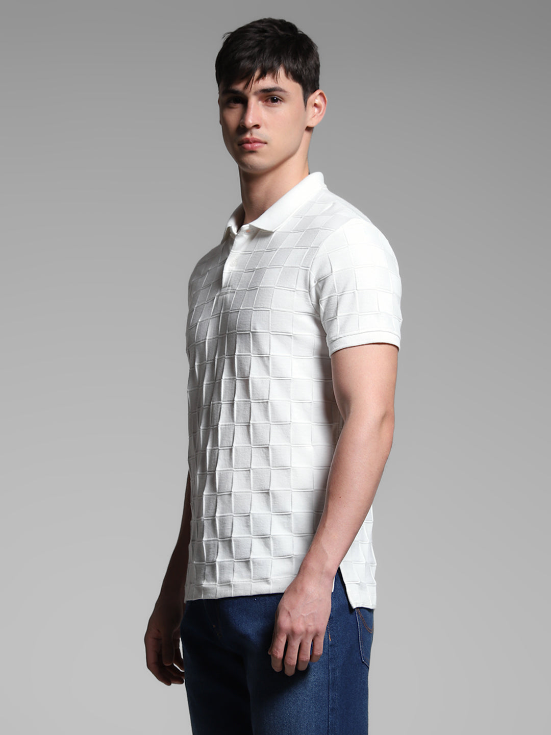 JACK&JONES White Regular Fit Textured T-Shirts
