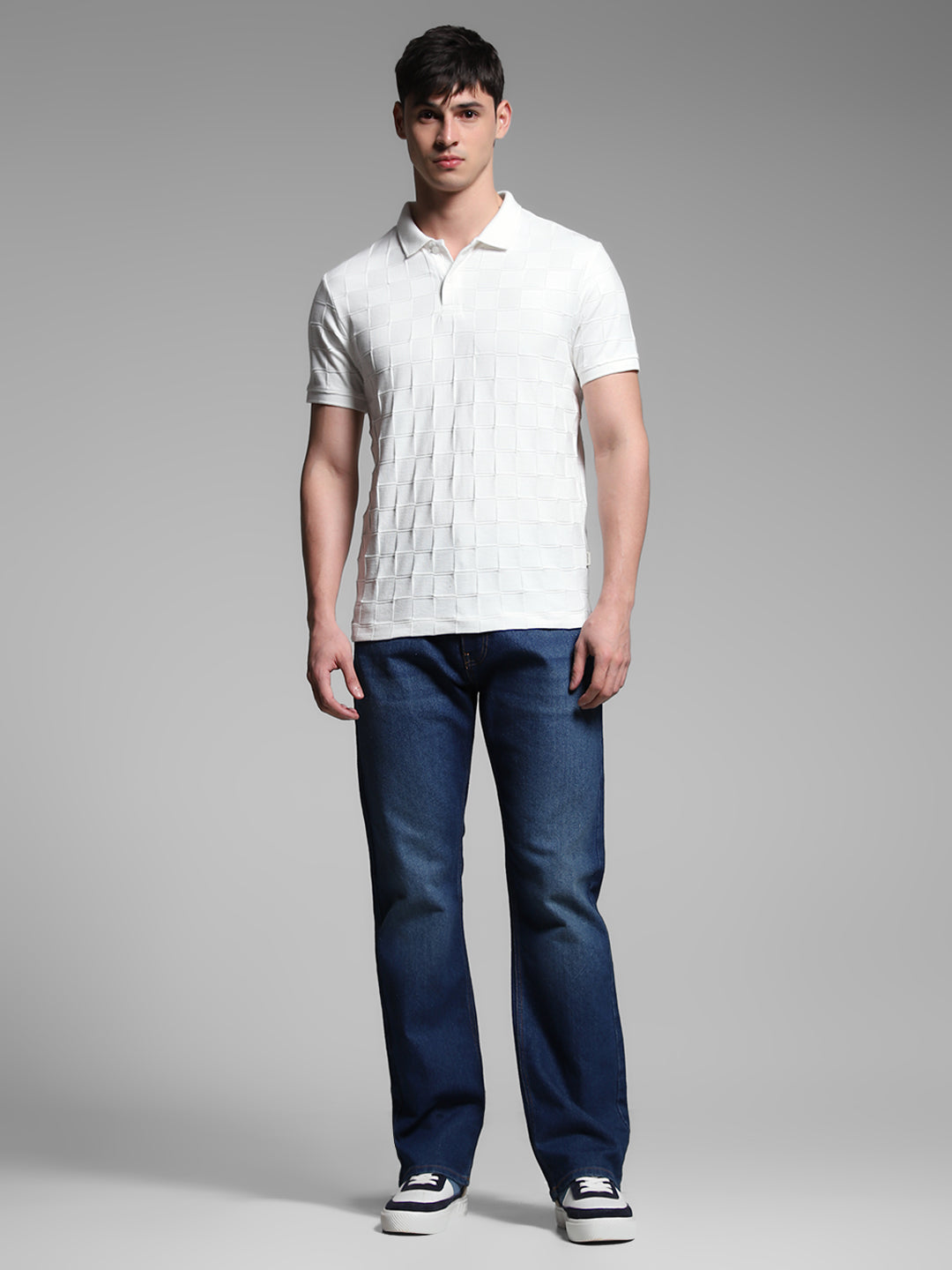 JACK&JONES White Regular Fit Textured T-Shirts