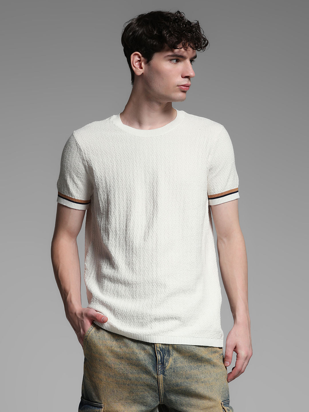 White Knitted Crew Neck Pullover