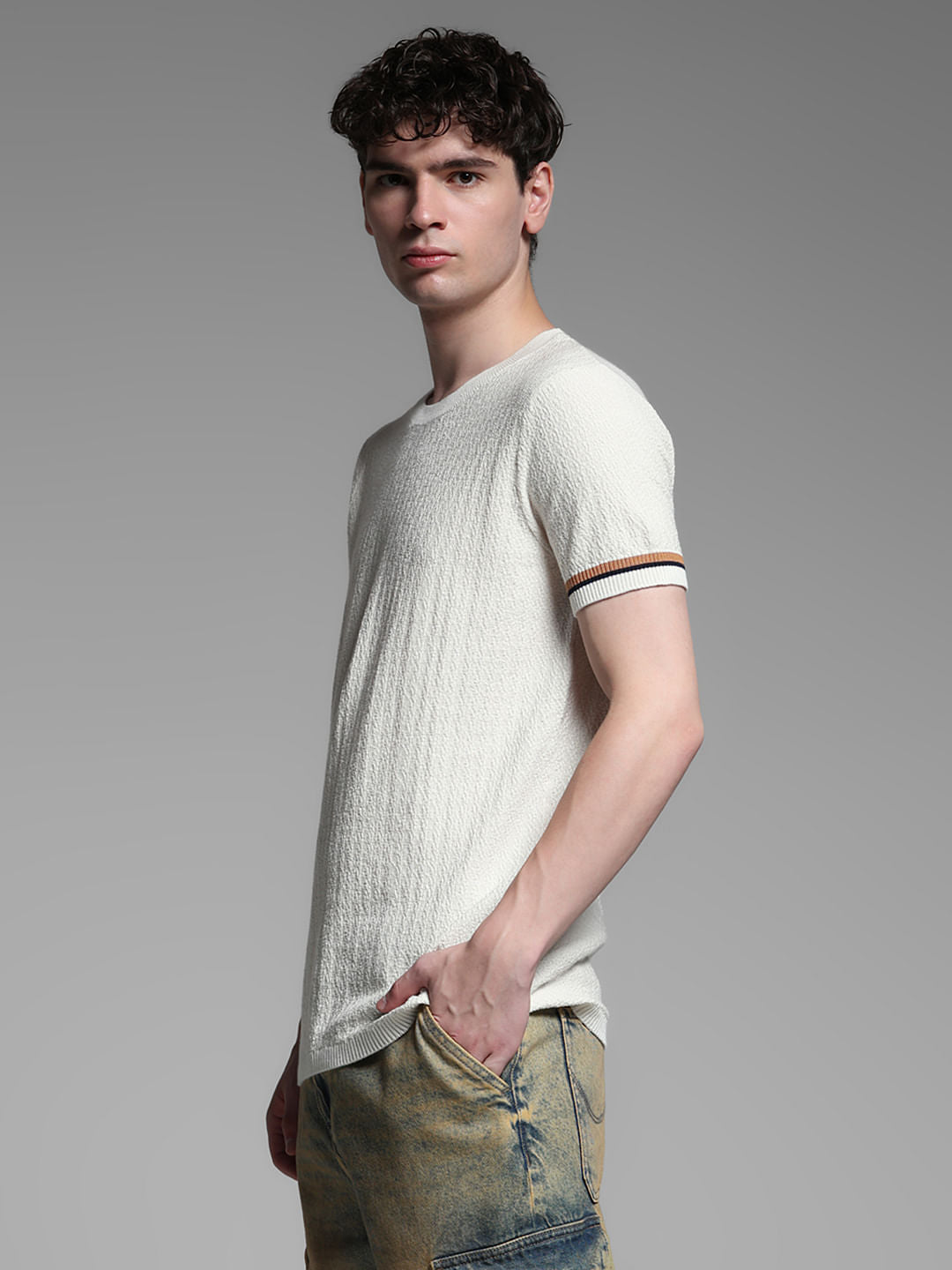 White Knitted Crew Neck Pullover