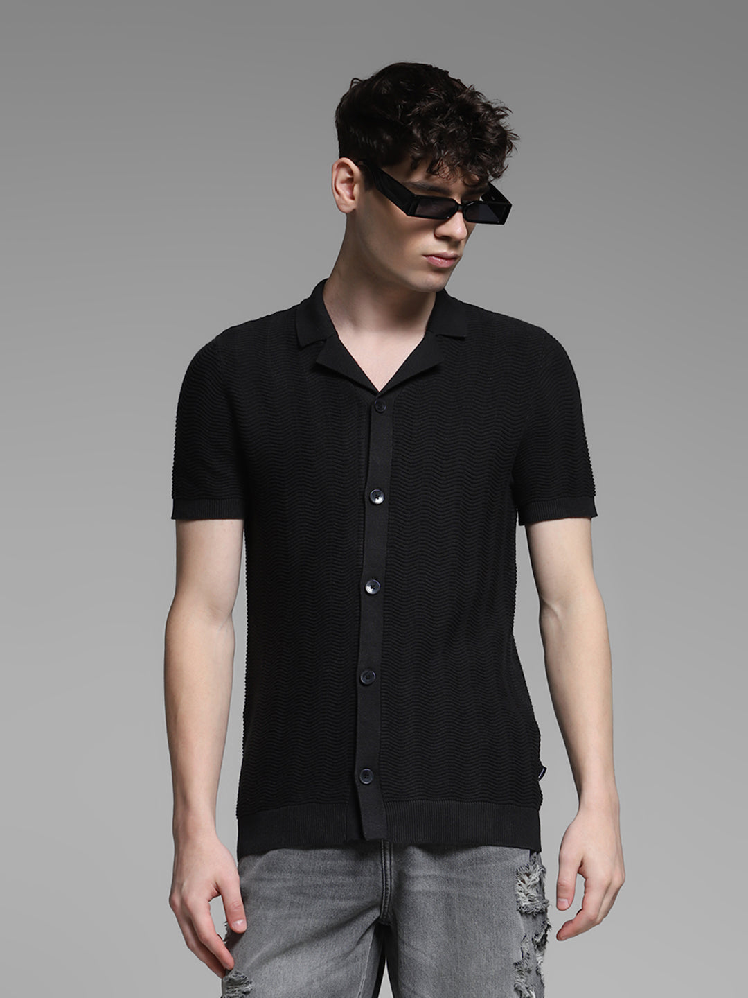 Black Front Open Knit Polo