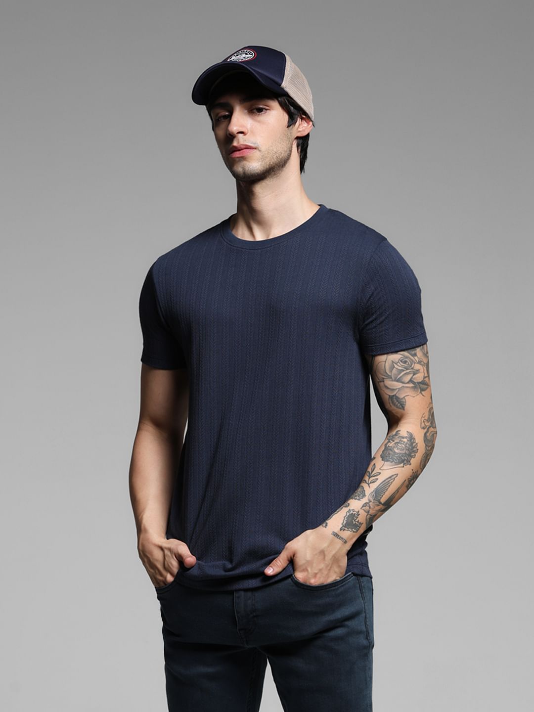 Blue Jacquard Crew Neck T-shirt