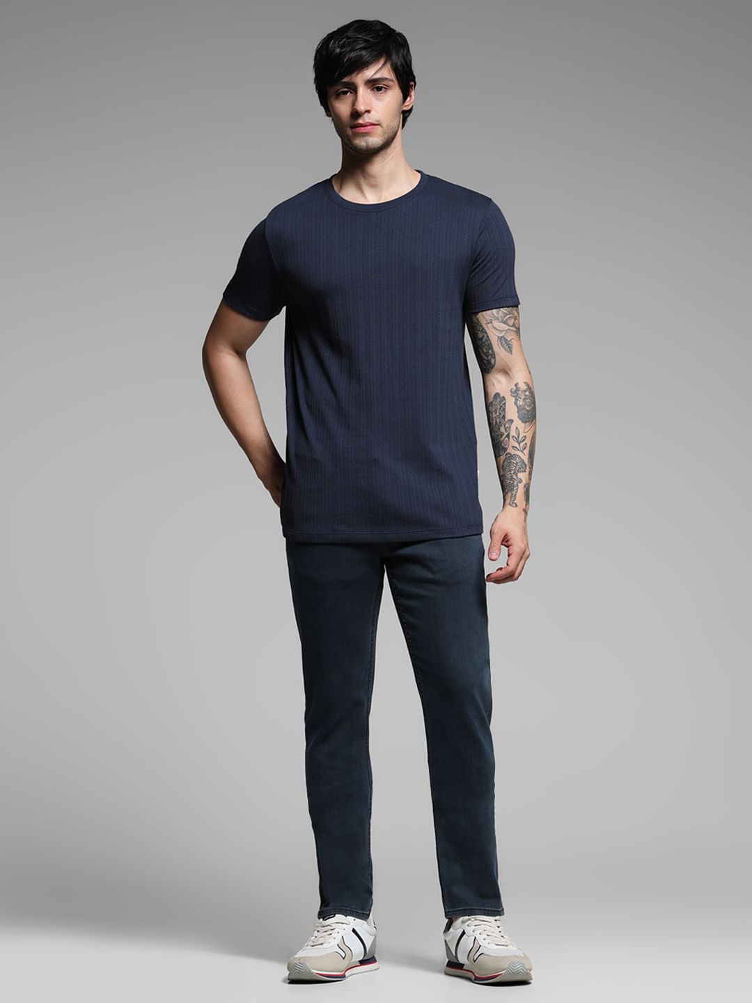 Blue Jacquard Crew Neck T-shirt