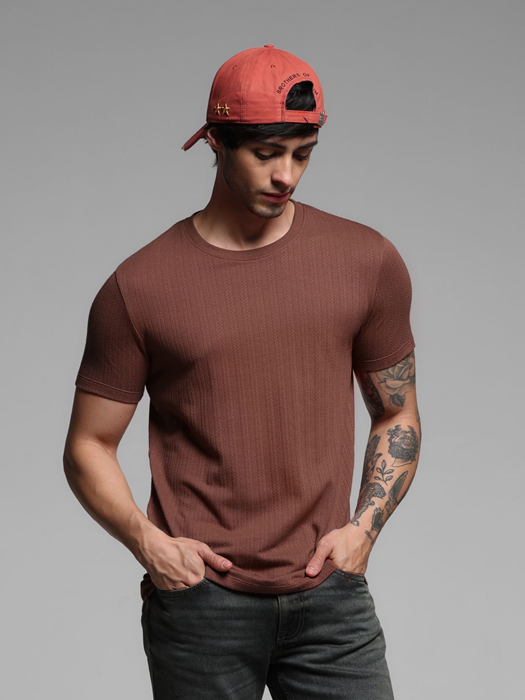 Rust Red Jacquard Knitted T-shirt